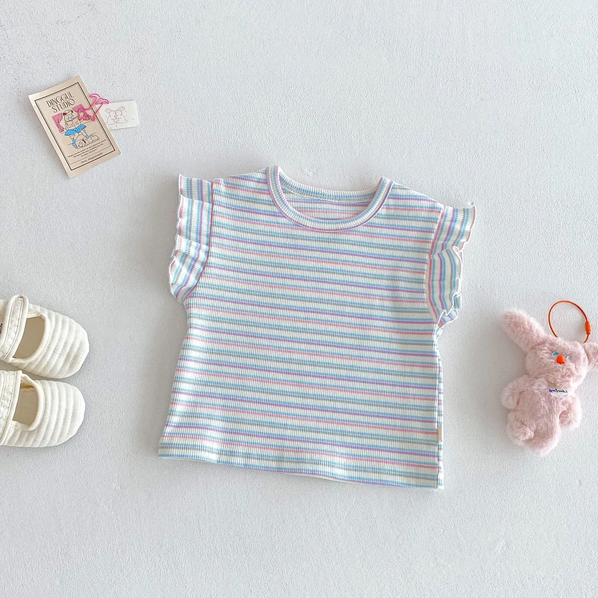 Girls' Striped T-shirt 2025 New Summer Baby Sweet Korean Version Base Shirt Children's Embroidered Teddy Bear Overalls