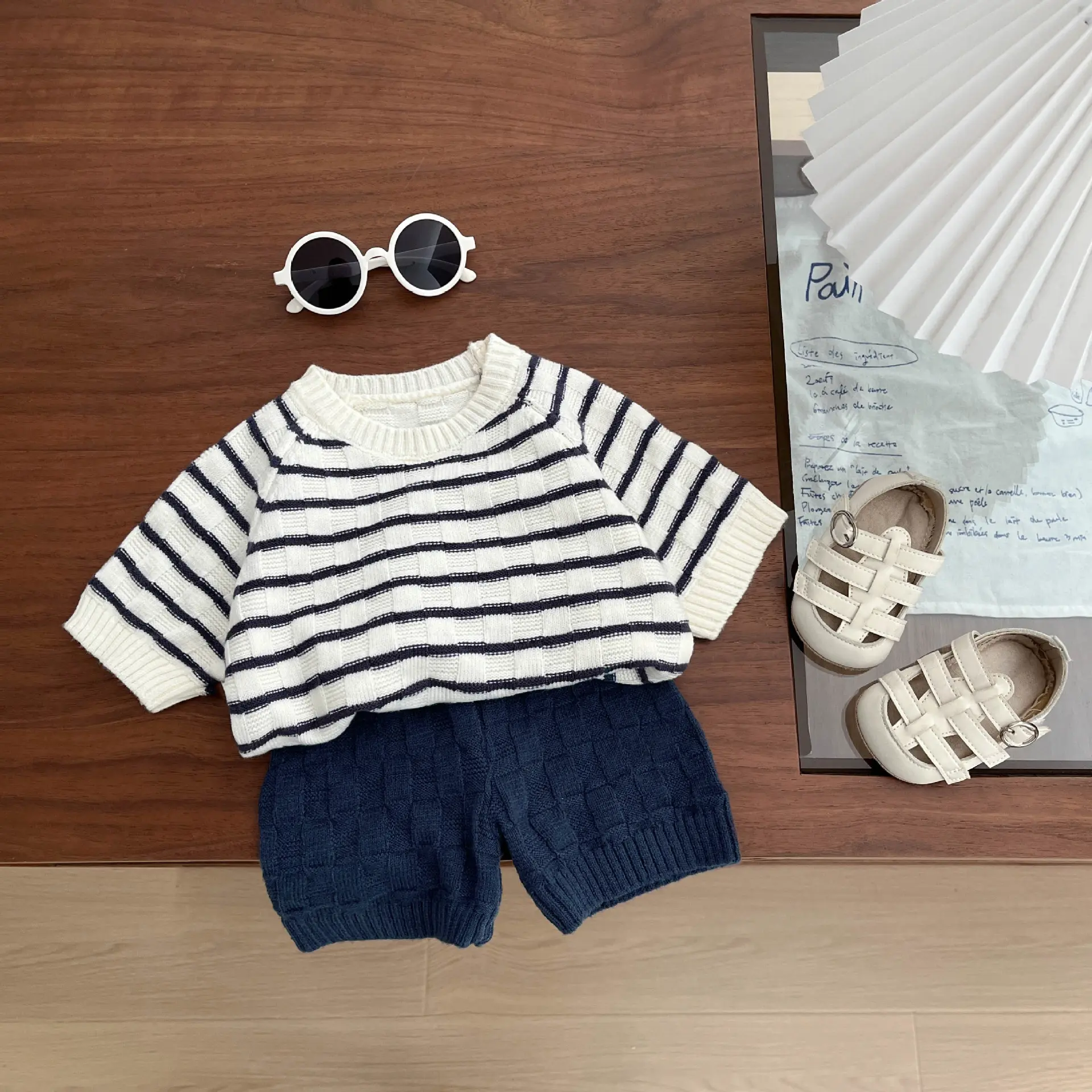 Korean Version Baby Summer Thin Striped Knitted Short Sleeved Shorts Set, New Stylish Two-piece Set for Boys and Girls