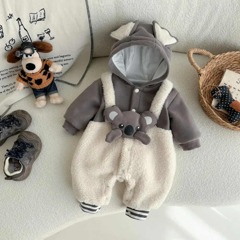 2025 Winter New in Kids Baby Boys Thicken Plush Warm Cartoon Koara Patchwork Jumpsuits , Toddler Infant Clothing 0-24M