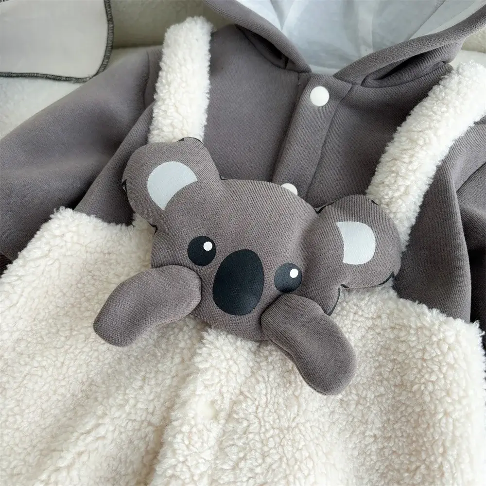 2025 Winter New in Kids Baby Boys Thicken Plush Warm Cartoon Koara Patchwork Jumpsuits , Toddler Infant Clothing 0-24M