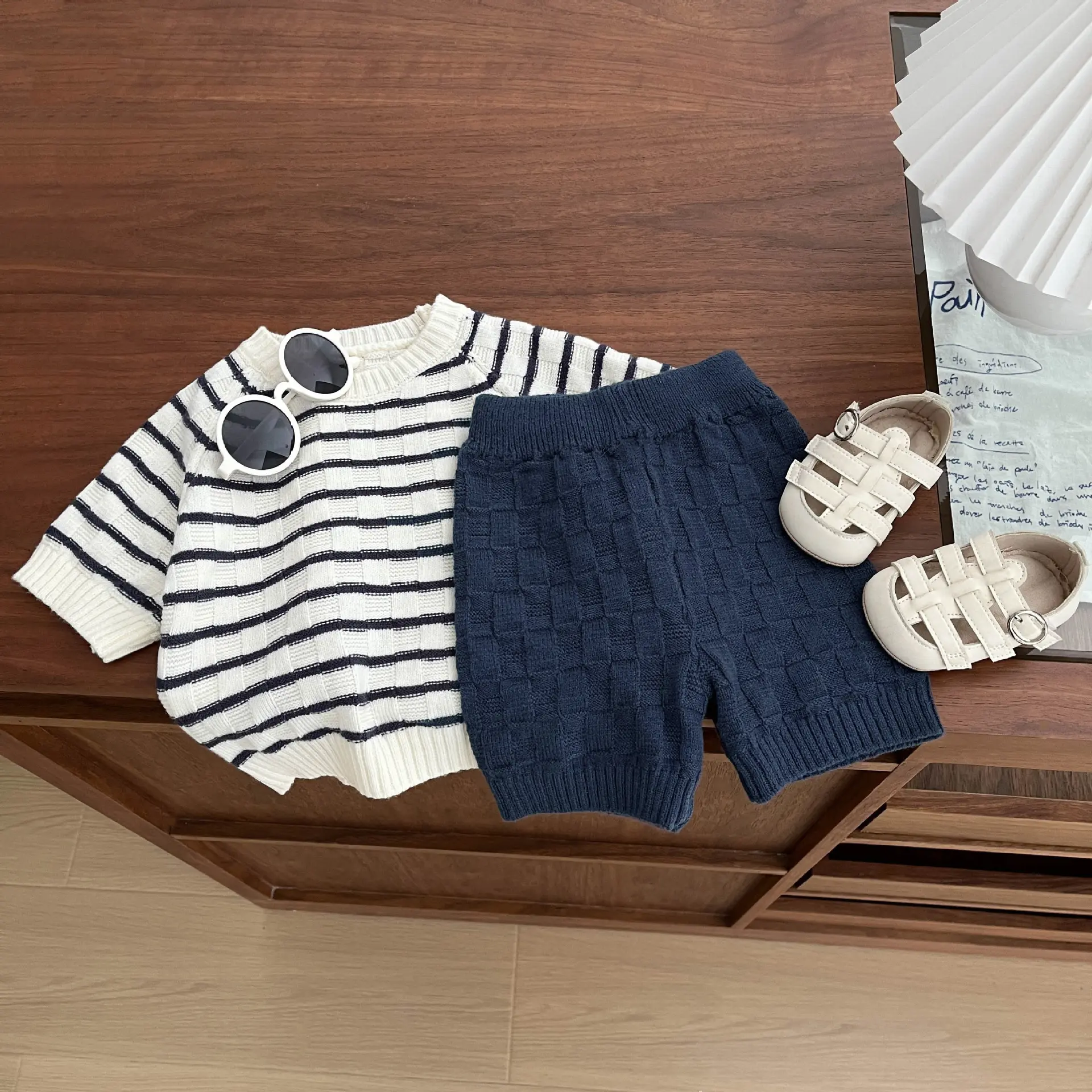 Korean Version Baby Summer Thin Striped Knitted Short Sleeved Shorts Set, New Stylish Two-piece Set for Boys and Girls