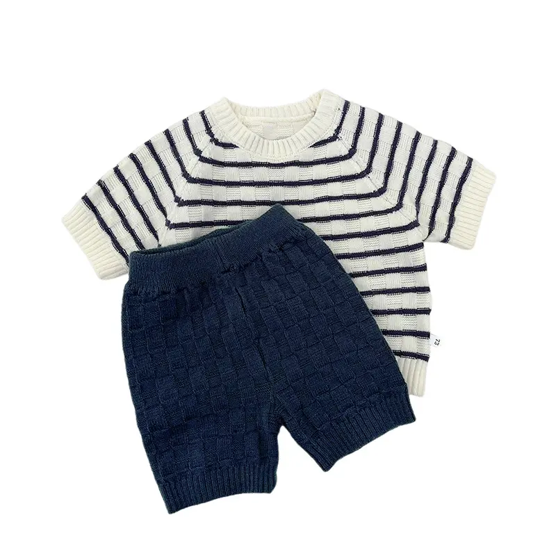 Korean Version Baby Summer Thin Striped Knitted Short Sleeved Shorts Set, New Stylish Two-piece Set for Boys and Girls
