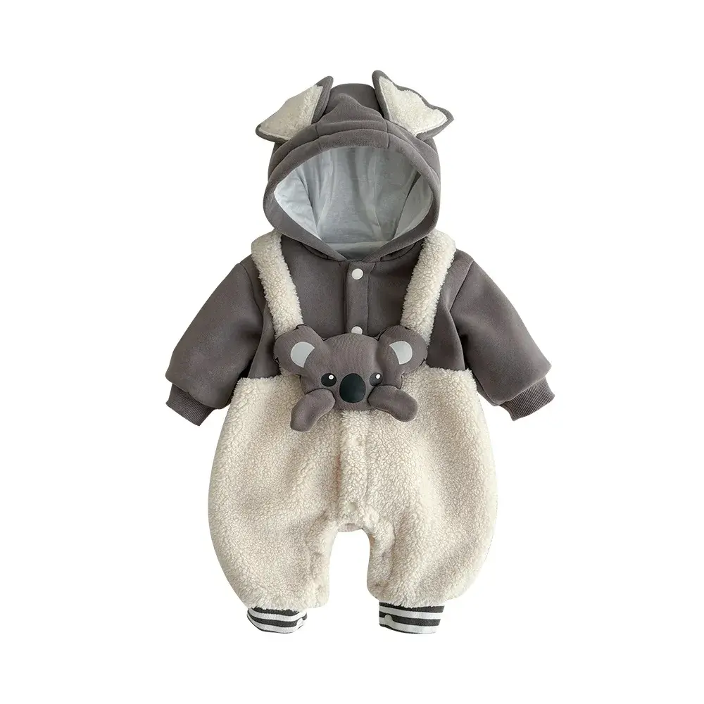 2025 Winter New in Kids Baby Boys Thicken Plush Warm Cartoon Koara Patchwork Jumpsuits , Toddler Infant Clothing 0-24M