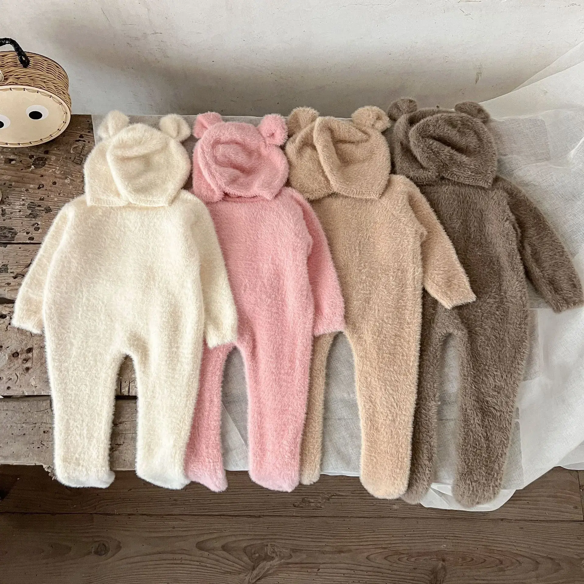 2025 Autumn Winter New in Kids Baby Girls Boys Cute Clothing Set , Toddler Infant Mink Fur Solid Color Footbinding Romper + Hat