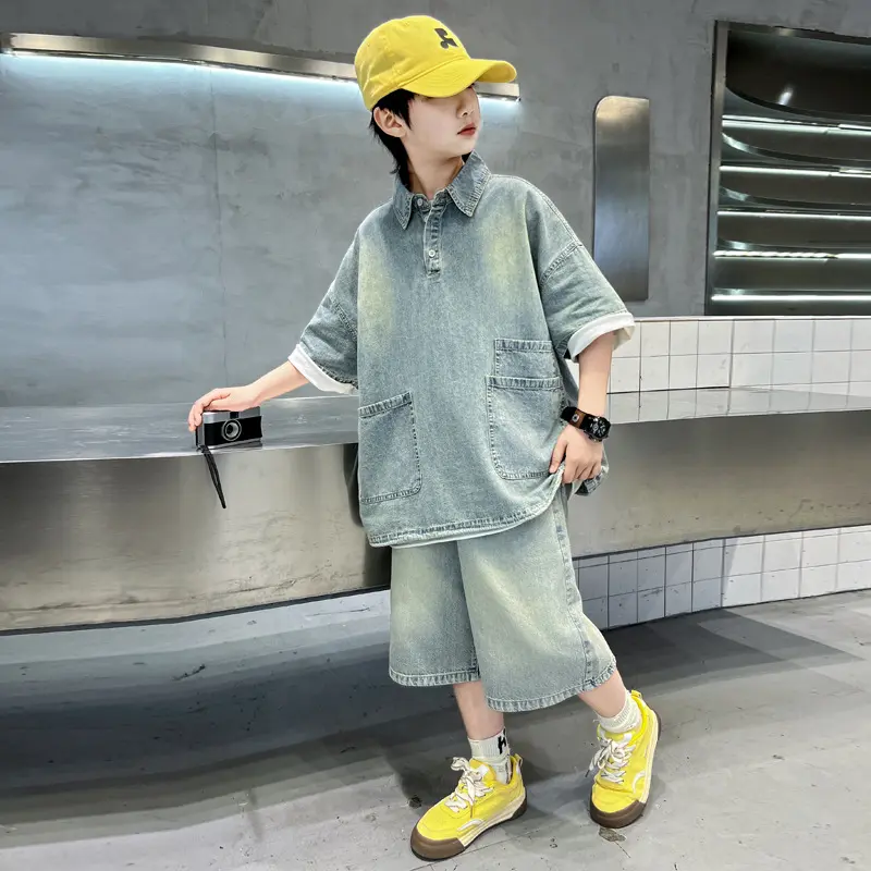 Boys' Summer Outfit Set 2025 New Style Children's Summer Short Sleeved Shorts Thin Denim Two-piece Set Summer Trend