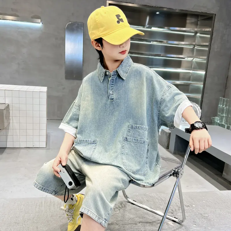 Boys' Summer Outfit Set 2025 New Style Children's Summer Short Sleeved Shorts Thin Denim Two-piece Set Summer Trend