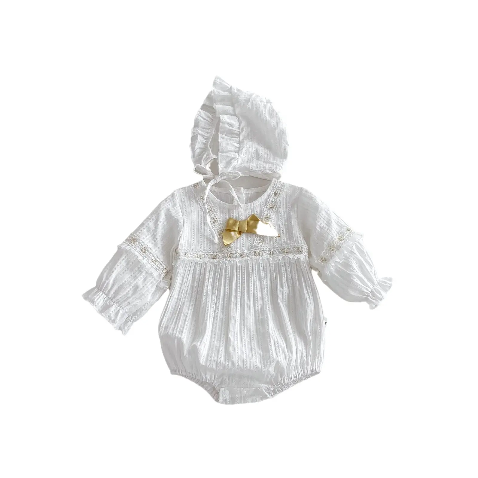 Autumn 2025 new Korean version of baby jumpsuit Ha Yi girl baby bow lace hooded baby climbing suit