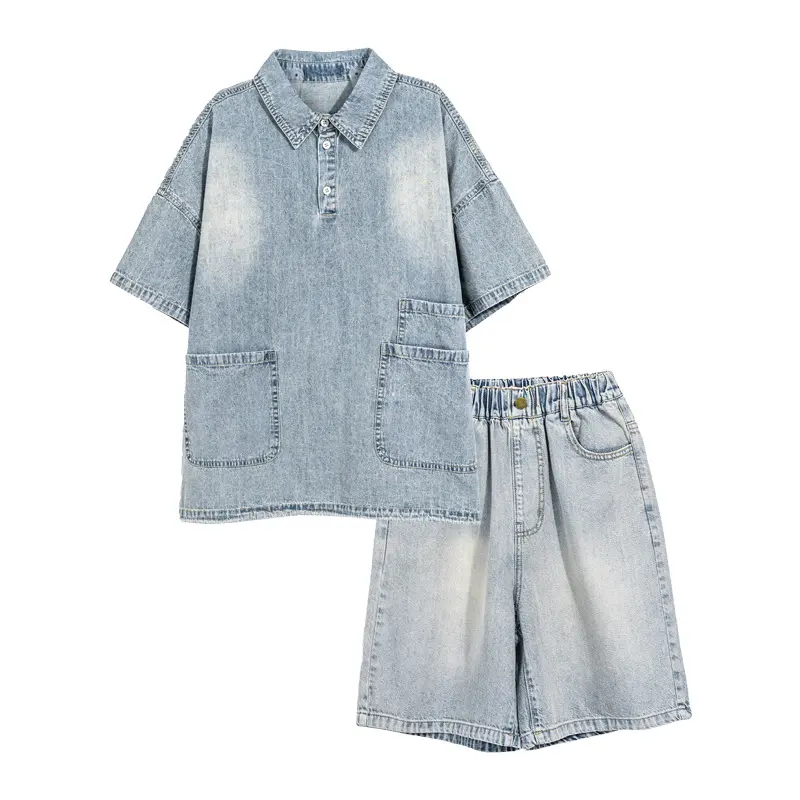Boys' Summer Outfit Set 2025 New Style Children's Summer Short Sleeved Shorts Thin Denim Two-piece Set Summer Trend