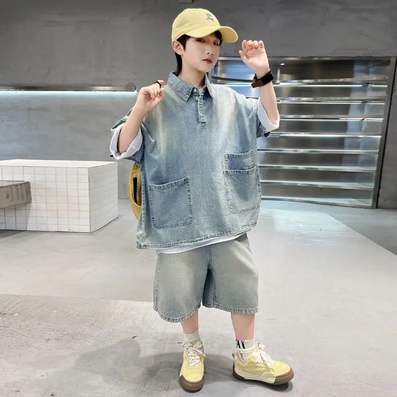Boys' Summer Outfit Set 2025 New Style Children's Summer Short Sleeved Shorts Thin Denim Two-piece Set Summer Trend