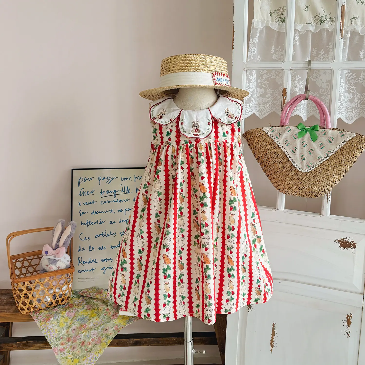 Flower Collar Rabbit Embroidered Girls' Dress 2025 Summer Style Cartoon Print Sweet and Cute Baby Sleeveless Dress