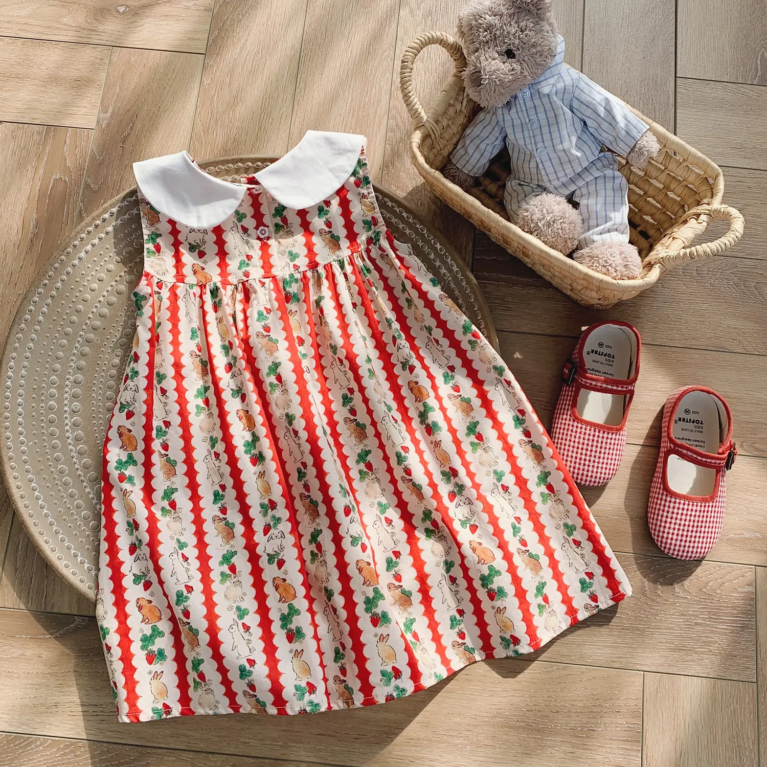 Flower Collar Rabbit Embroidered Girls' Dress 2025 Summer Style Cartoon Print Sweet and Cute Baby Sleeveless Dress