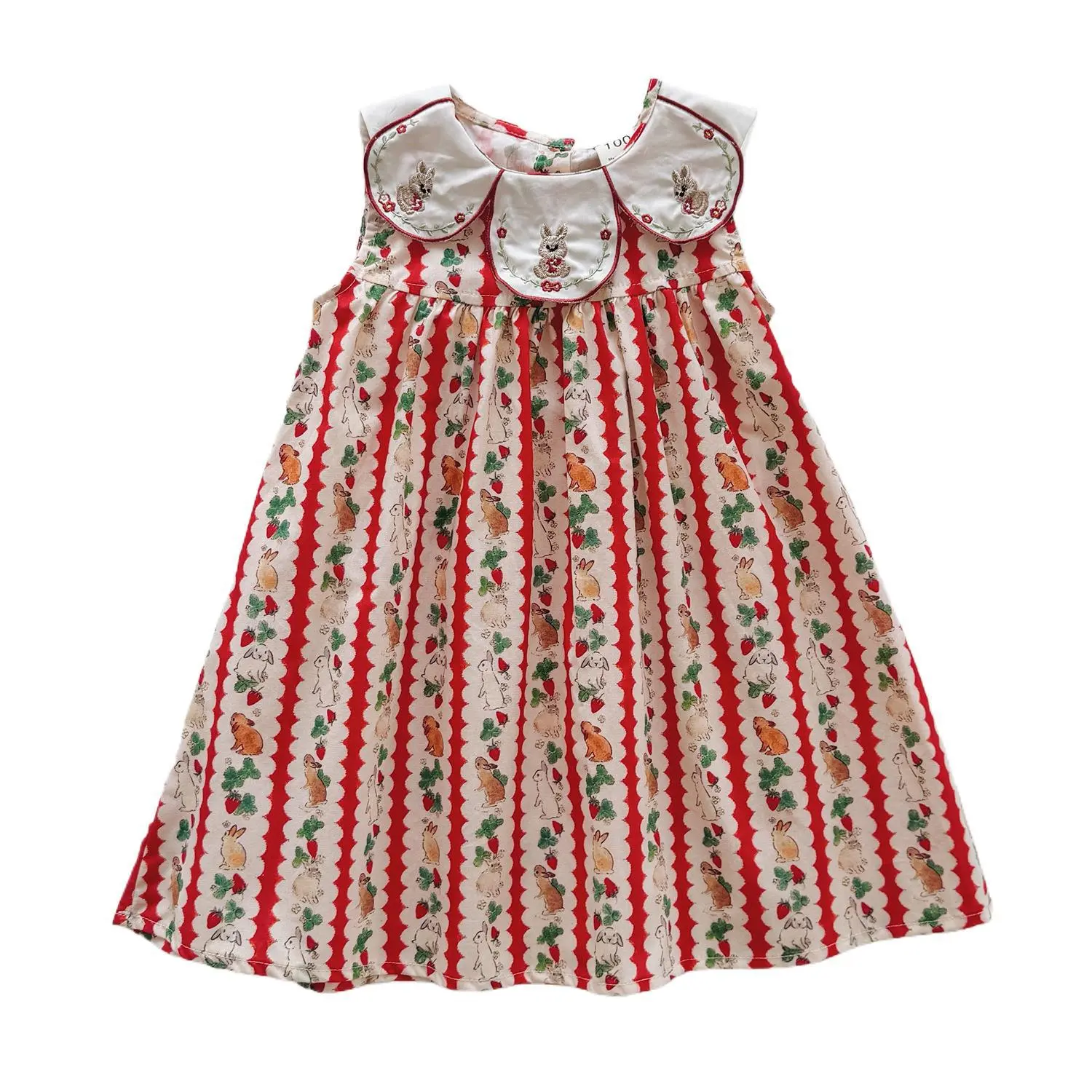 Flower Collar Rabbit Embroidered Girls' Dress 2025 Summer Style Cartoon Print Sweet and Cute Baby Sleeveless Dress