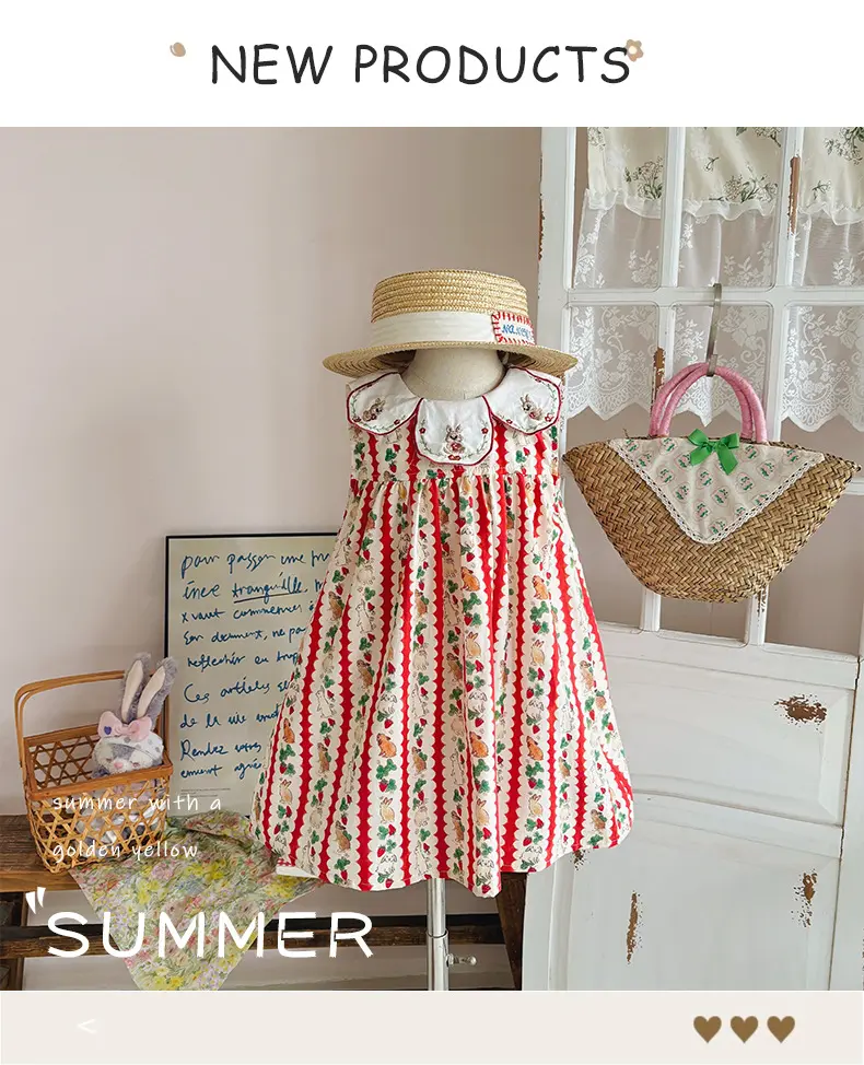 Flower Collar Rabbit Embroidered Girls' Dress 2025 Summer Style Cartoon Print Sweet and Cute Baby Sleeveless Dress