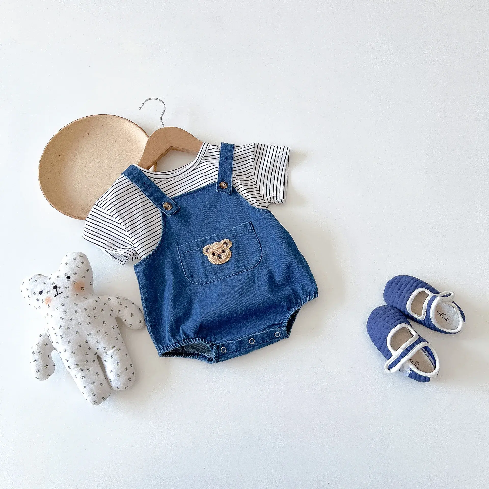 Kids Bear Denim Overalls Shorts Korean Style Baby Summer Romper Pants set 2pcs