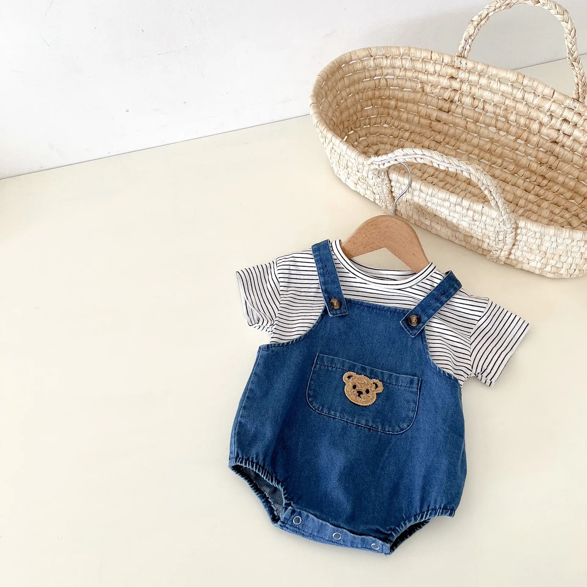 Kids Bear Denim Overalls Shorts Korean Style Baby Summer Romper Pants set 2pcs