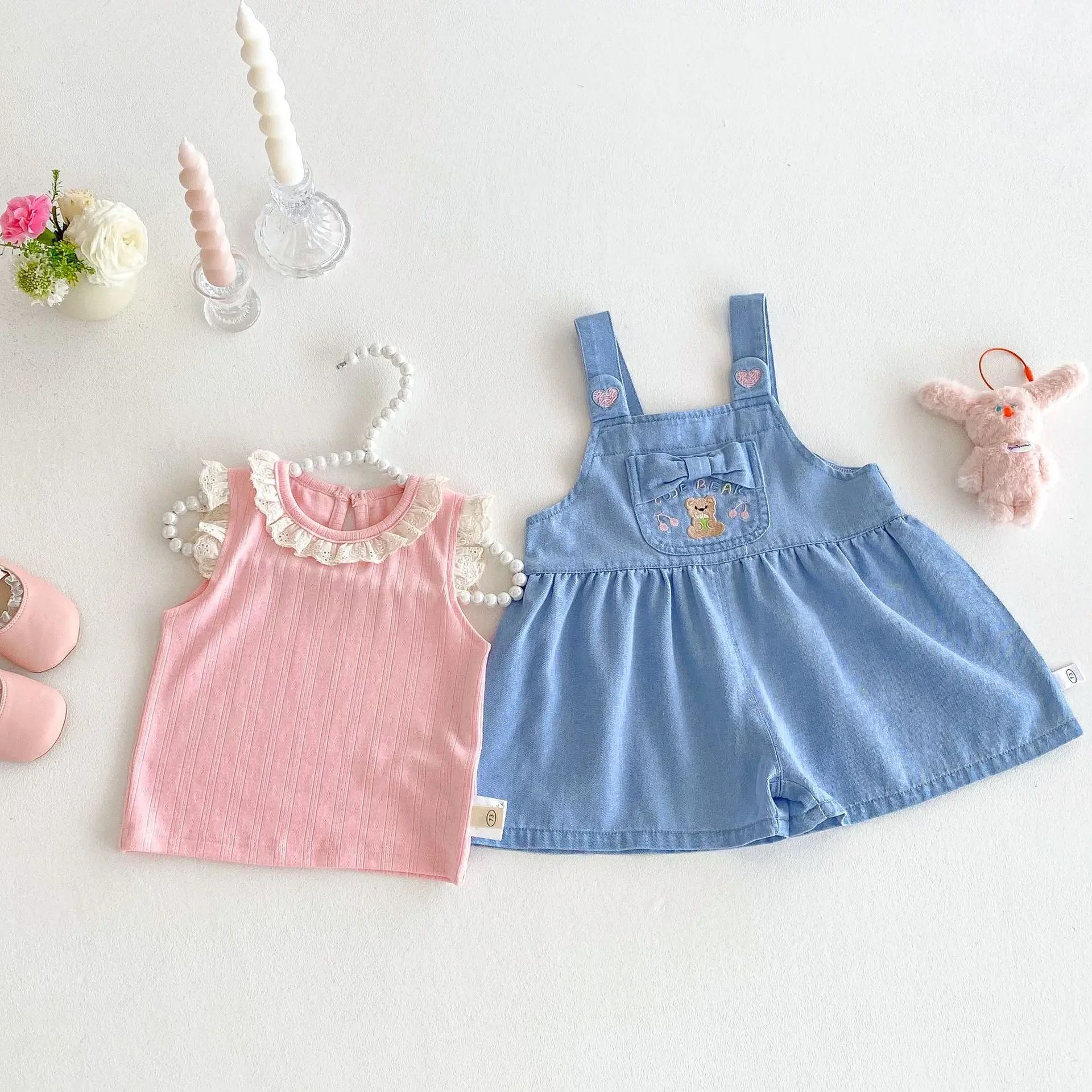 Girls' Solid Color Doll Shirt 2025 New Baby Korean Version Tank Top Children's Embroidered Bear Love Cowboy Strap Pants