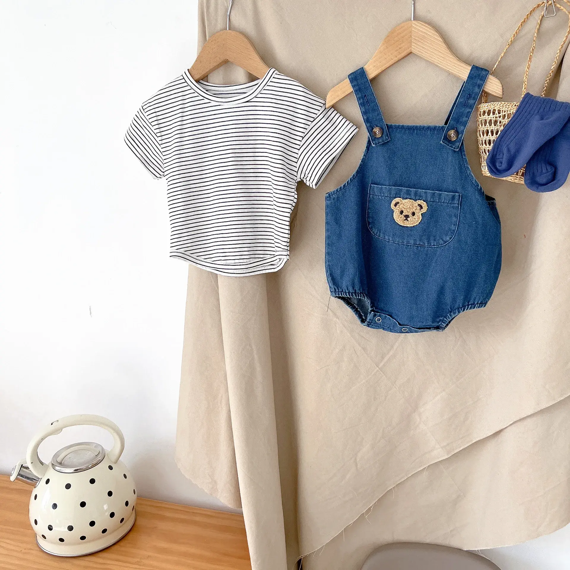 Kids Bear Denim Overalls Shorts Korean Style Baby Summer Romper Pants set 2pcs