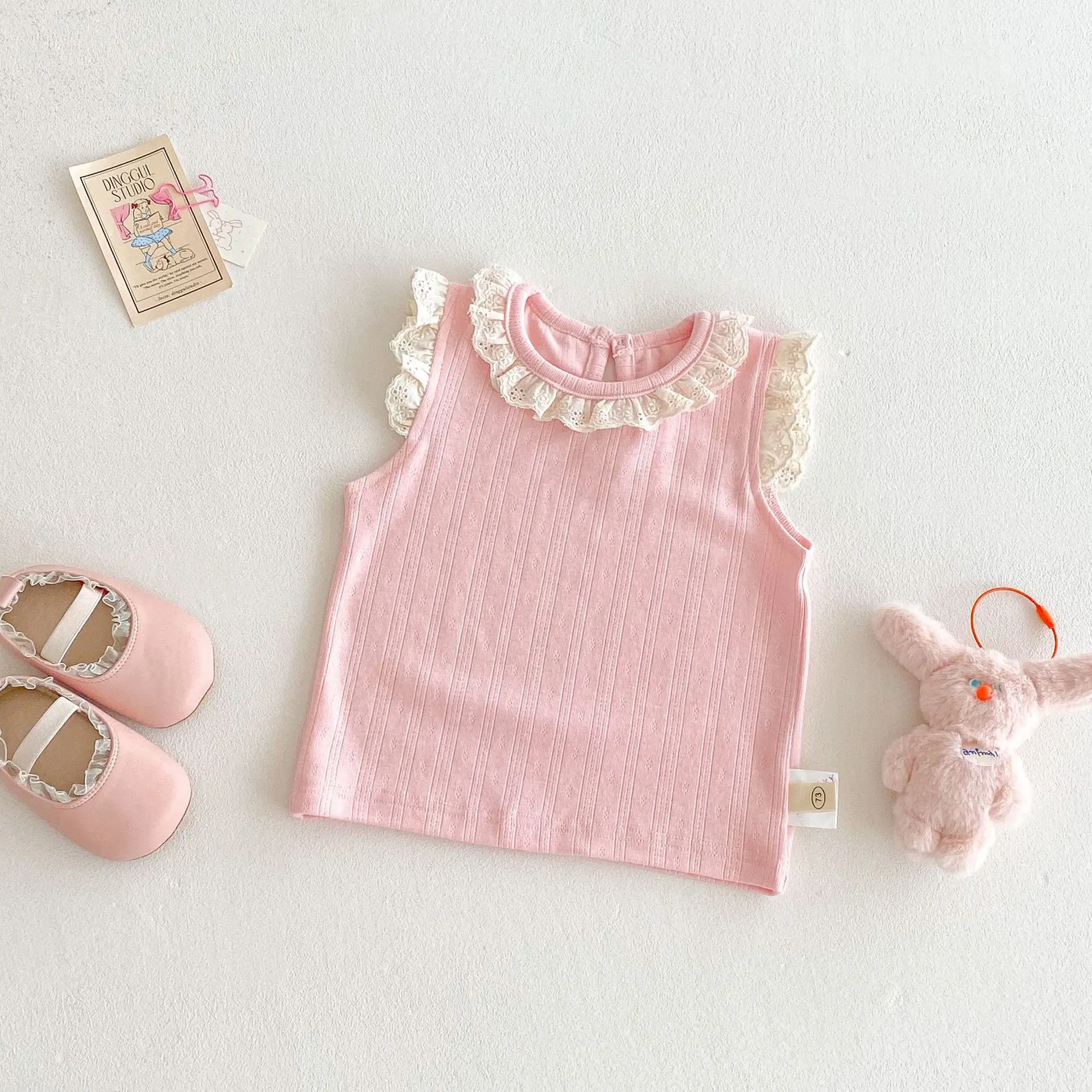 Girls' Solid Color Doll Shirt 2025 New Baby Korean Version Tank Top Children's Embroidered Bear Love Cowboy Strap Pants