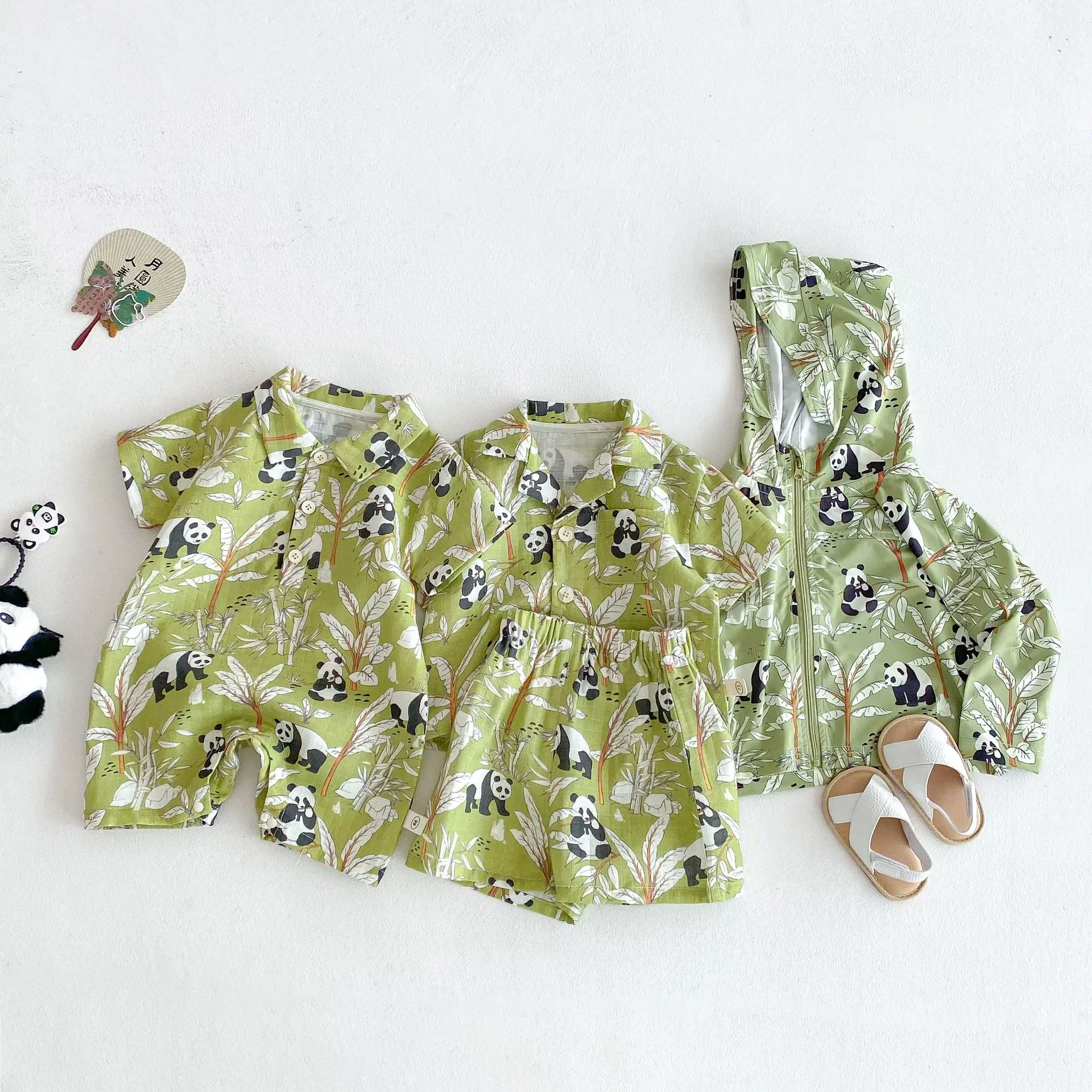 Baby Panda Climbing Suit 2025 New Summer Baby Cartoon Jumpsuit Children's Air Conditioning Shirt Trendy Beach Wind Set