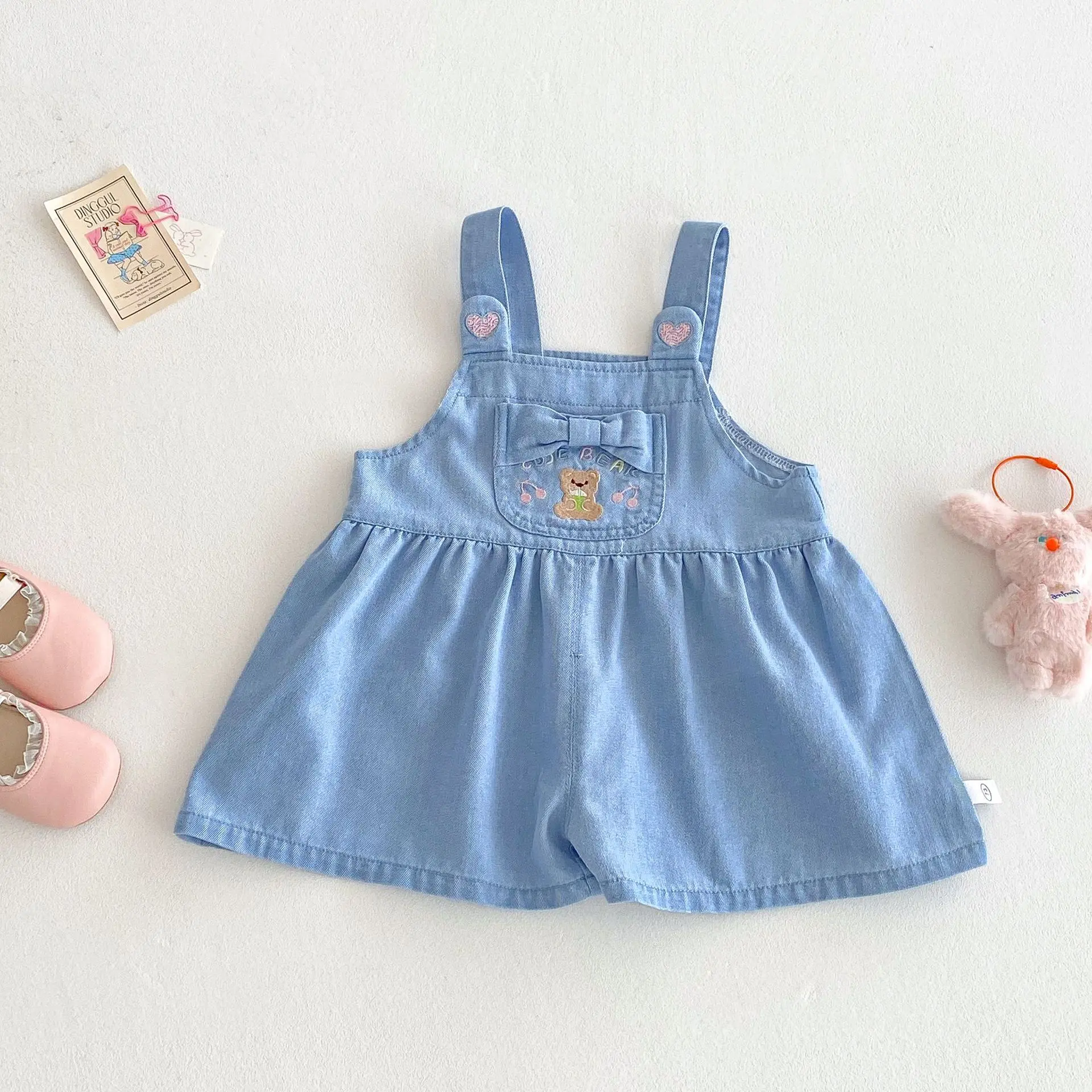 Girls' Solid Color Doll Shirt 2025 New Baby Korean Version Tank Top Children's Embroidered Bear Love Cowboy Strap Pants