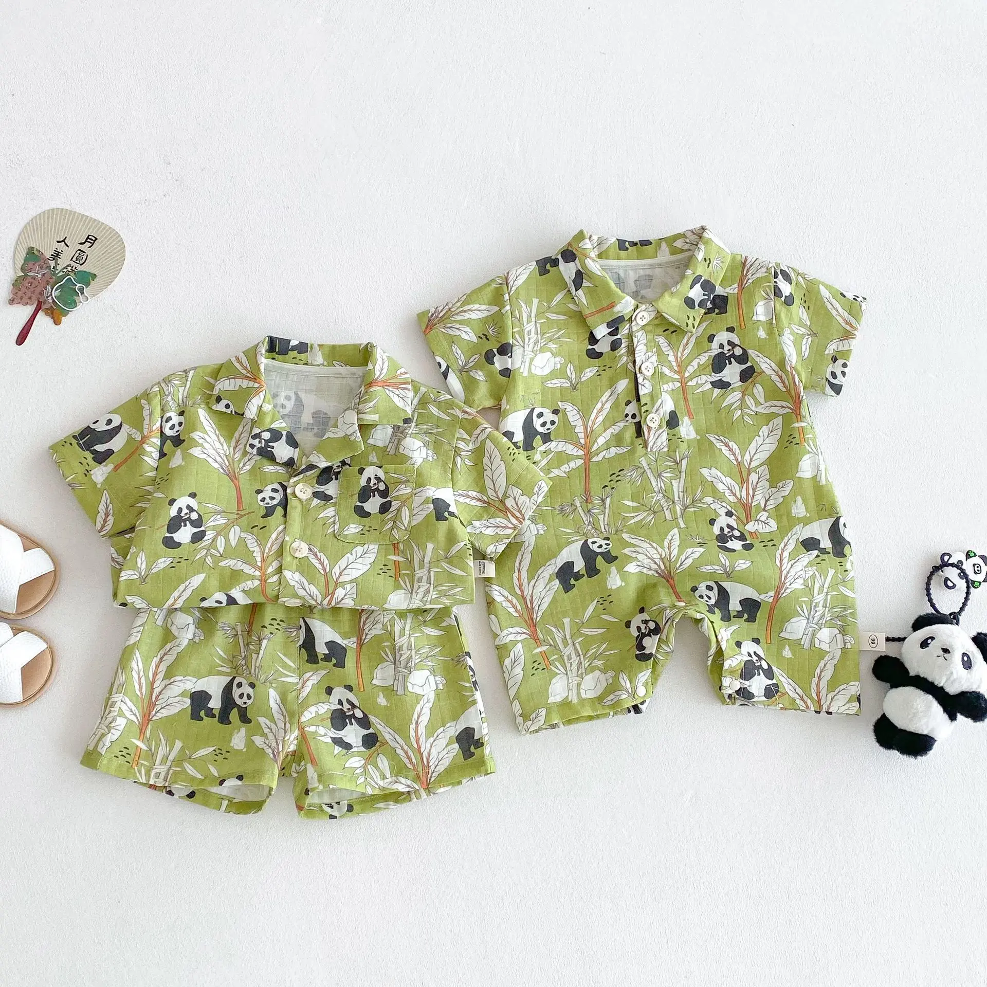 Baby Panda Climbing Suit 2025 New Summer Baby Cartoon Jumpsuit Children's Air Conditioning Shirt Trendy Beach Wind Set