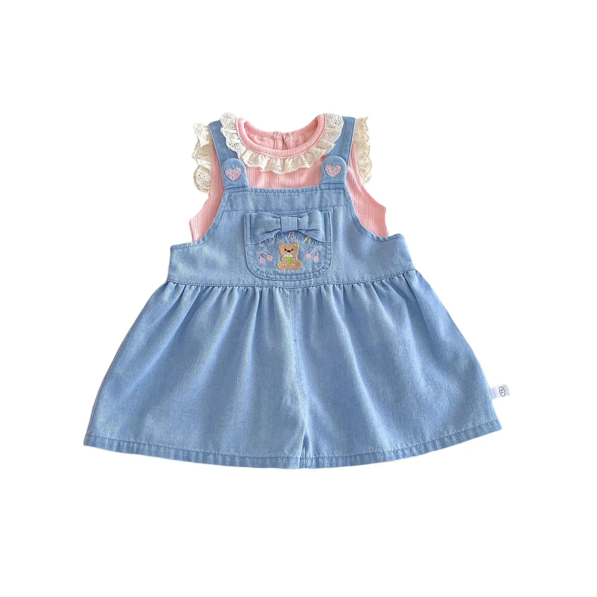 Girls' Solid Color Doll Shirt 2025 New Baby Korean Version Tank Top Children's Embroidered Bear Love Cowboy Strap Pants
