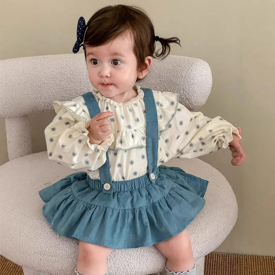 Baby Solid Color Crawling Suit 2025 New Autumn Female Baby Western-style Korean Version Skirt Crawling Girl Floral Bottom Shirt