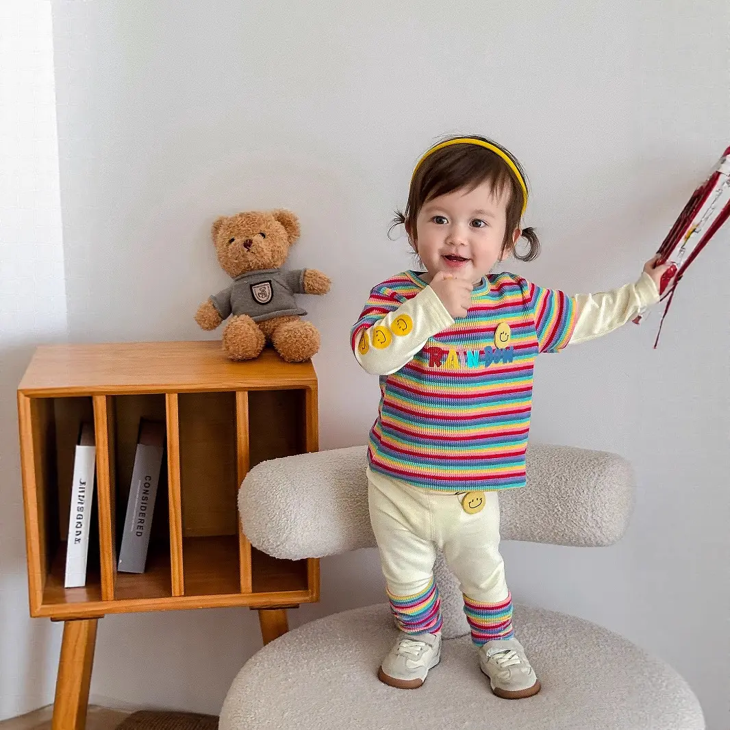 Children's striped suit 2025 new autumn girls' fake two-piece T-shirt, baby leggings two-piece set