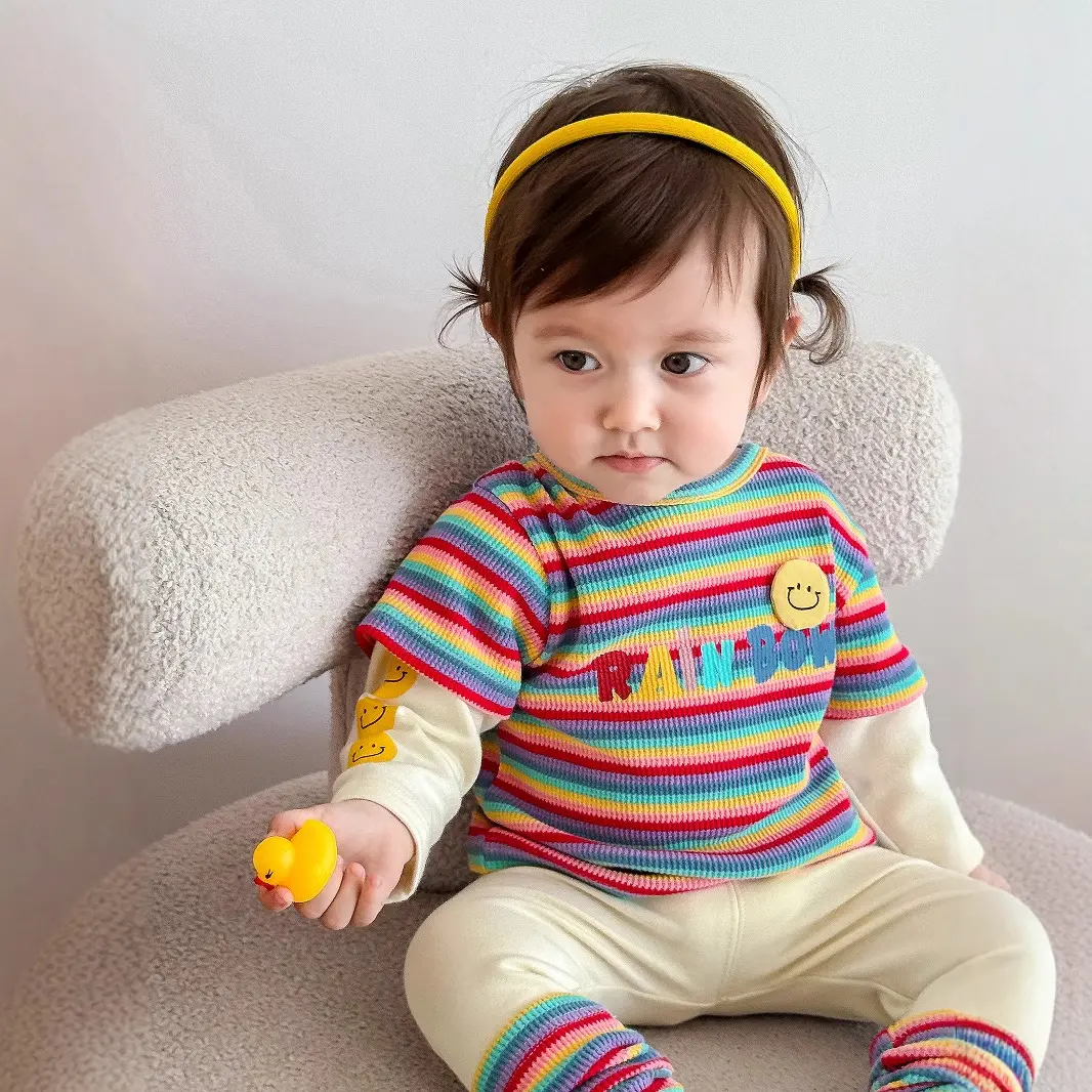Children's striped suit 2025 new autumn girls' fake two-piece T-shirt, baby leggings two-piece set