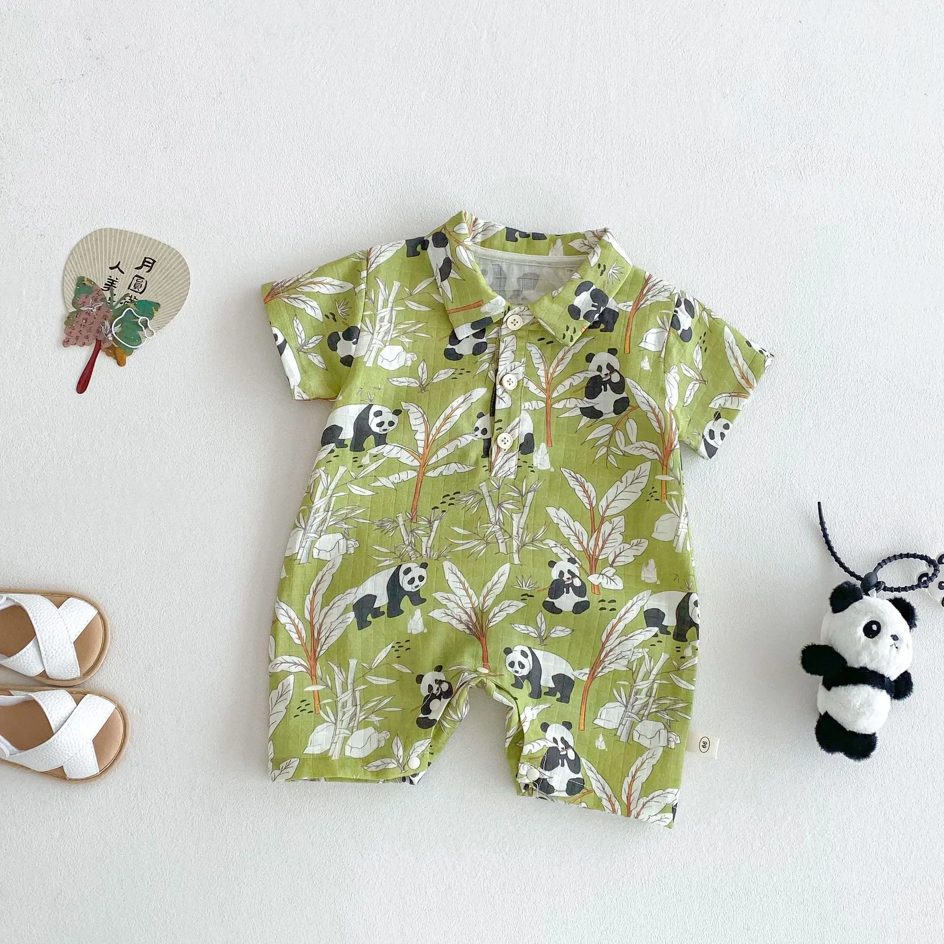 Baby Panda Climbing Suit 2025 New Summer Baby Cartoon Jumpsuit Children's Air Conditioning Shirt Trendy Beach Wind Set