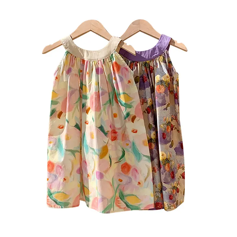 French Suspender Printed Girls' Dress 2025 Summer Style Small Fragrance Sleeveless Princess Skirt Backless Children's Wholesale