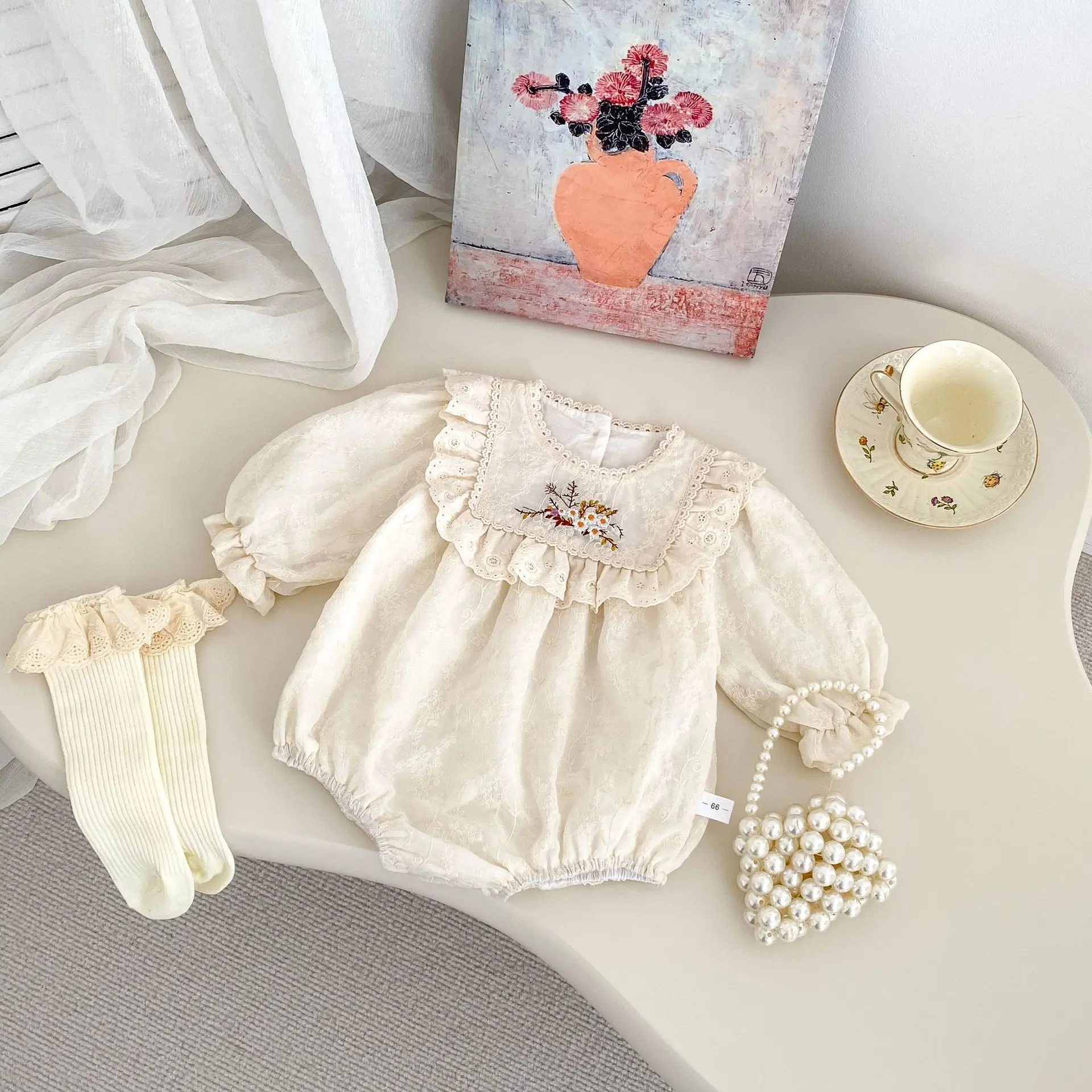Infant Girls' Elegant Flower Embroidery Long Sleeve Onesie - UV Protection Crawler Design for Baptism Day