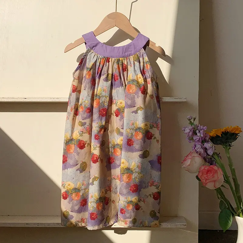 French Suspender Printed Girls' Dress 2025 Summer Style Small Fragrance Sleeveless Princess Skirt Backless Children's Wholesale