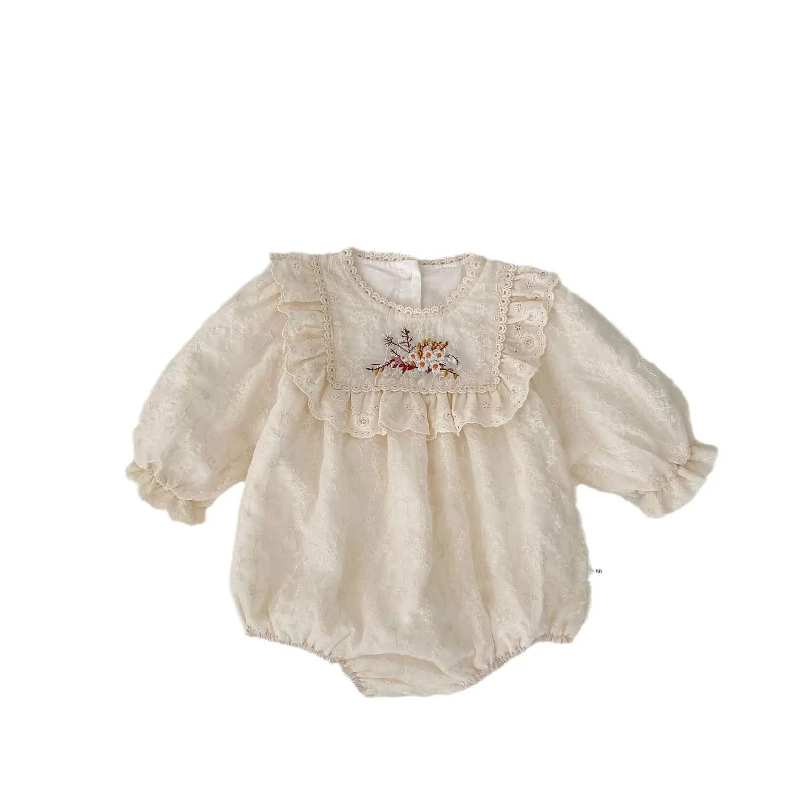 Infant Girls' Elegant Flower Embroidery Long Sleeve Onesie - UV Protection Crawler Design for Baptism Day
