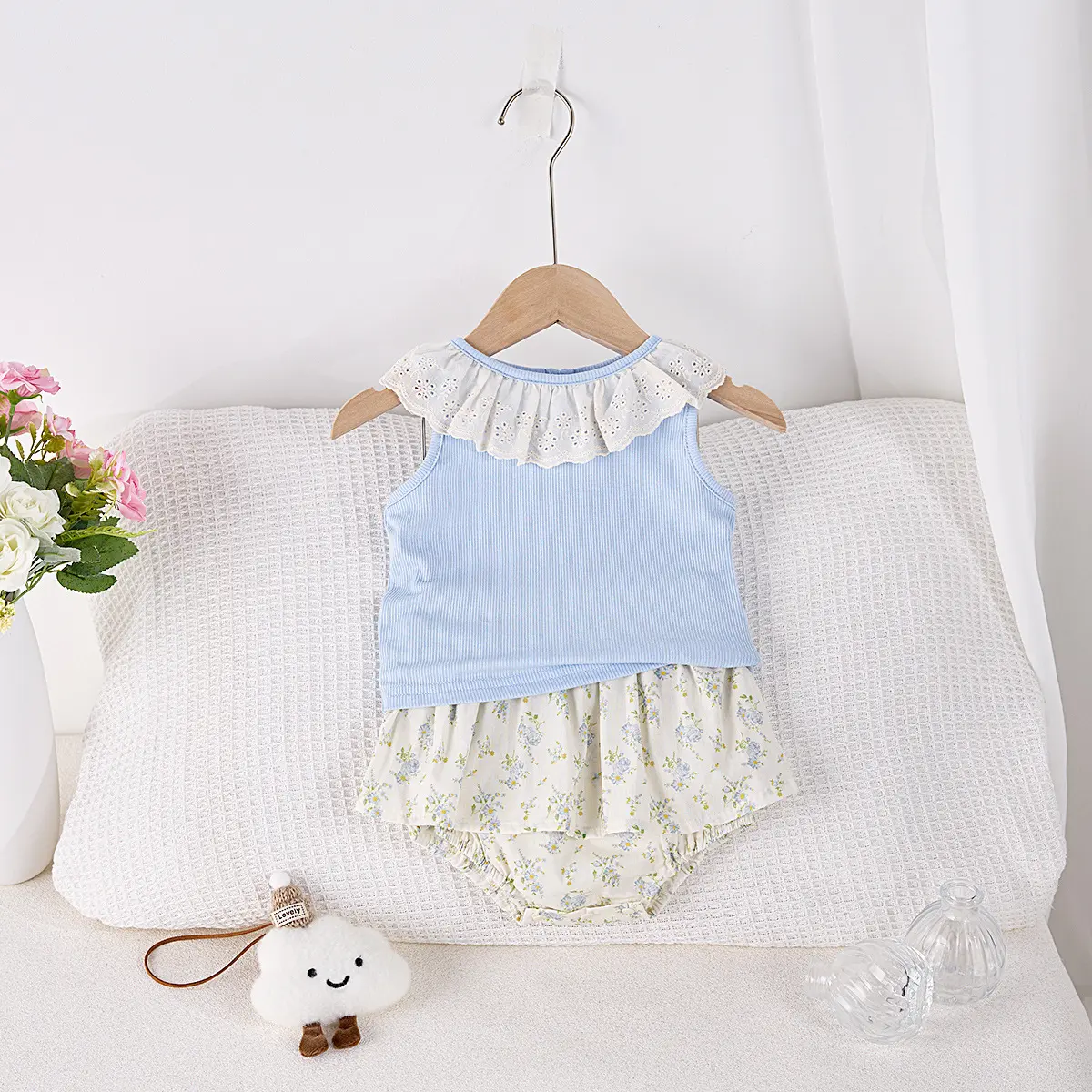 Girls' Summer Thin Set, Stylish Baby Girl Korean Version, Little Girl Baby Doll Collar Top, Skirt and Pants Two-piece Set