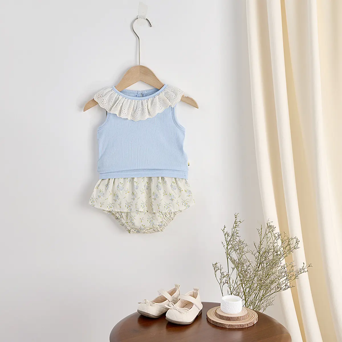 Girls' Summer Thin Set, Stylish Baby Girl Korean Version, Little Girl Baby Doll Collar Top, Skirt and Pants Two-piece Set