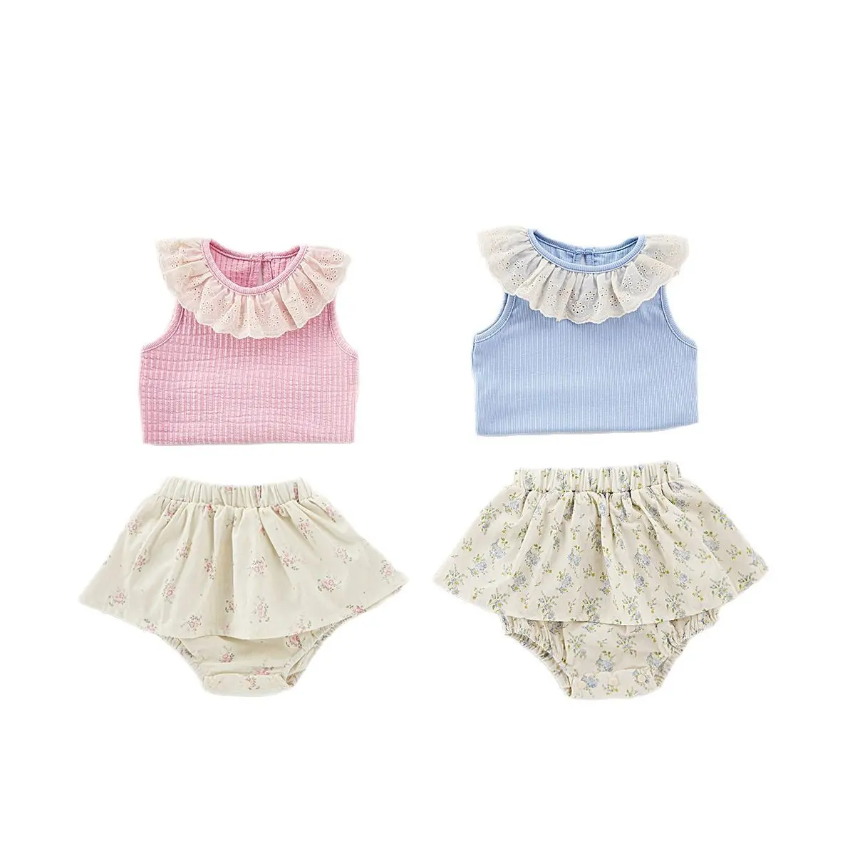 Girls' Summer Thin Set, Stylish Baby Girl Korean Version, Little Girl Baby Doll Collar Top, Skirt and Pants Two-piece Set