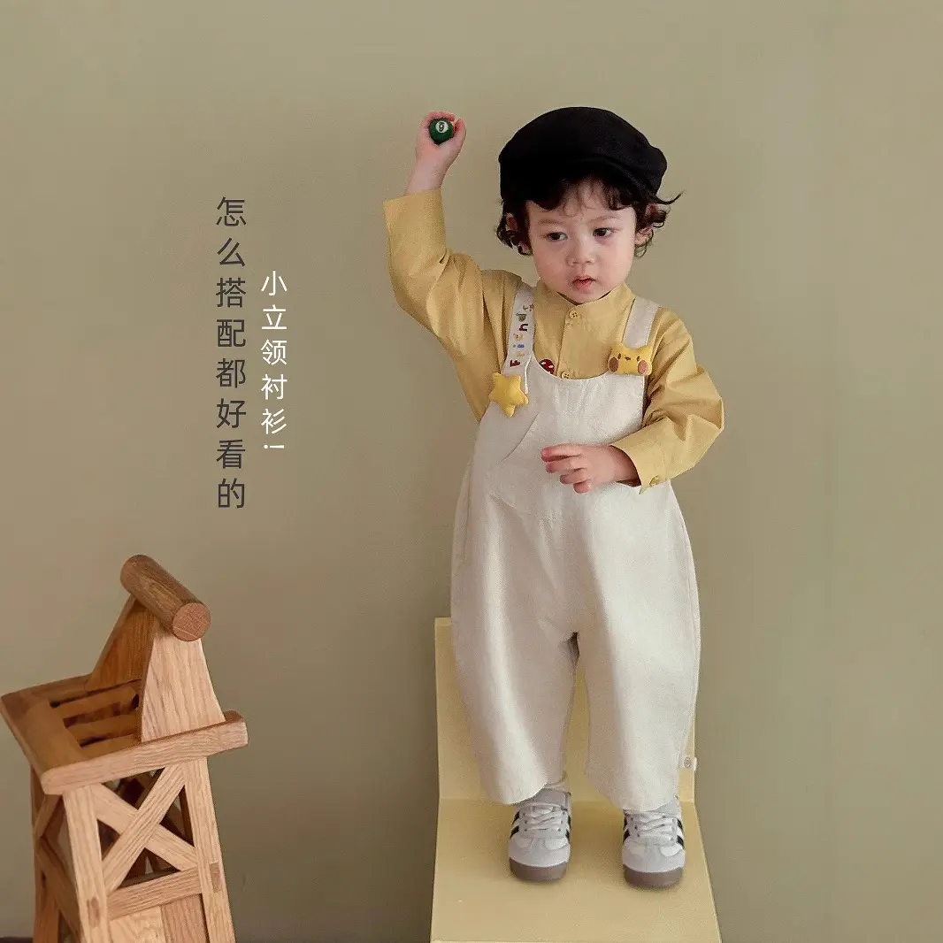 Children's Fashion Labeling Shirt 2025 New Autumn Boys' Western Style Korean Edition Solid Color Shirt Baby Autumn Dress
