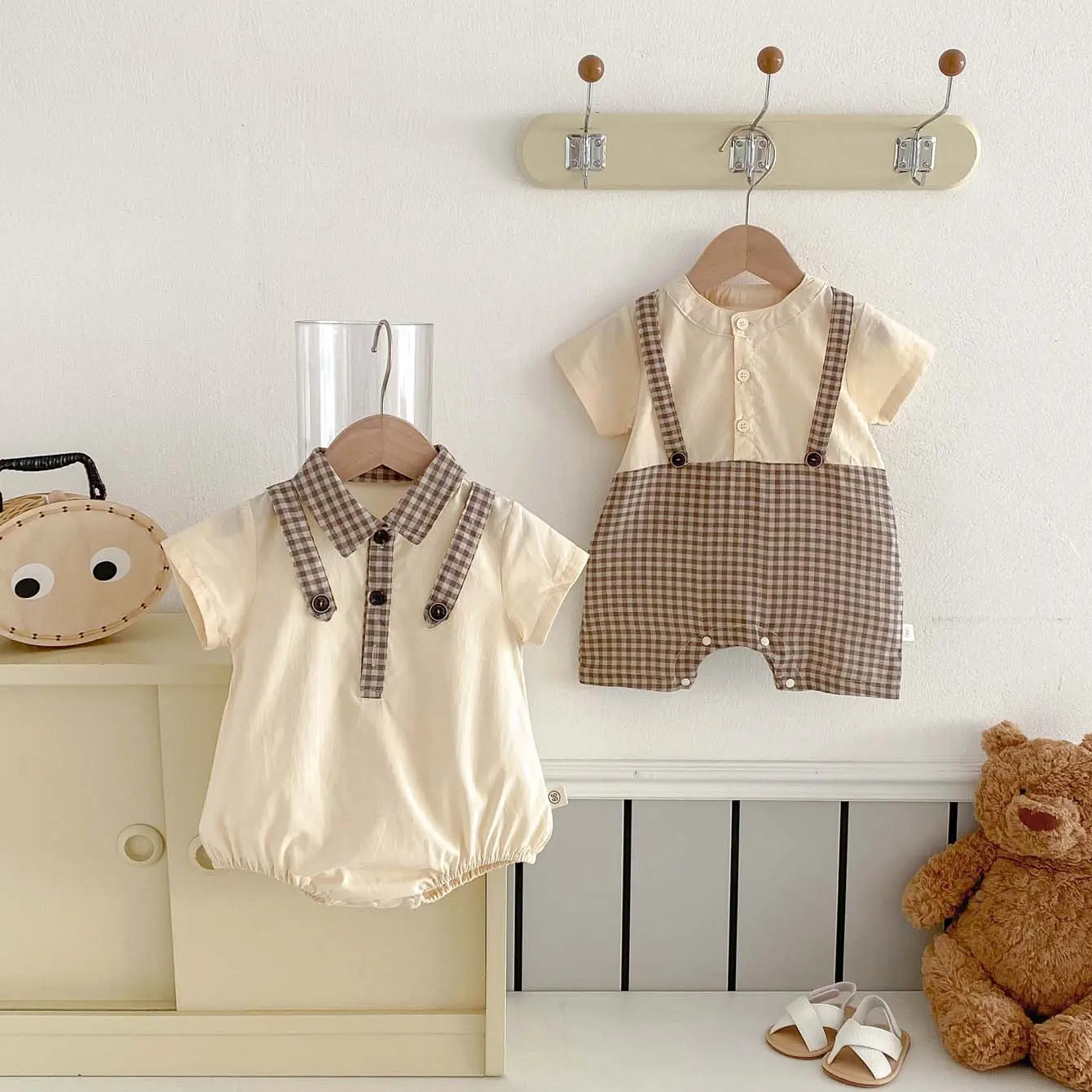 Boys' Korean Version Summer Thin Clothes, Gentlemen's Lapel Clothes Newborn Baby Handsome Full Moon Jumpsuit, Crawling Clothes