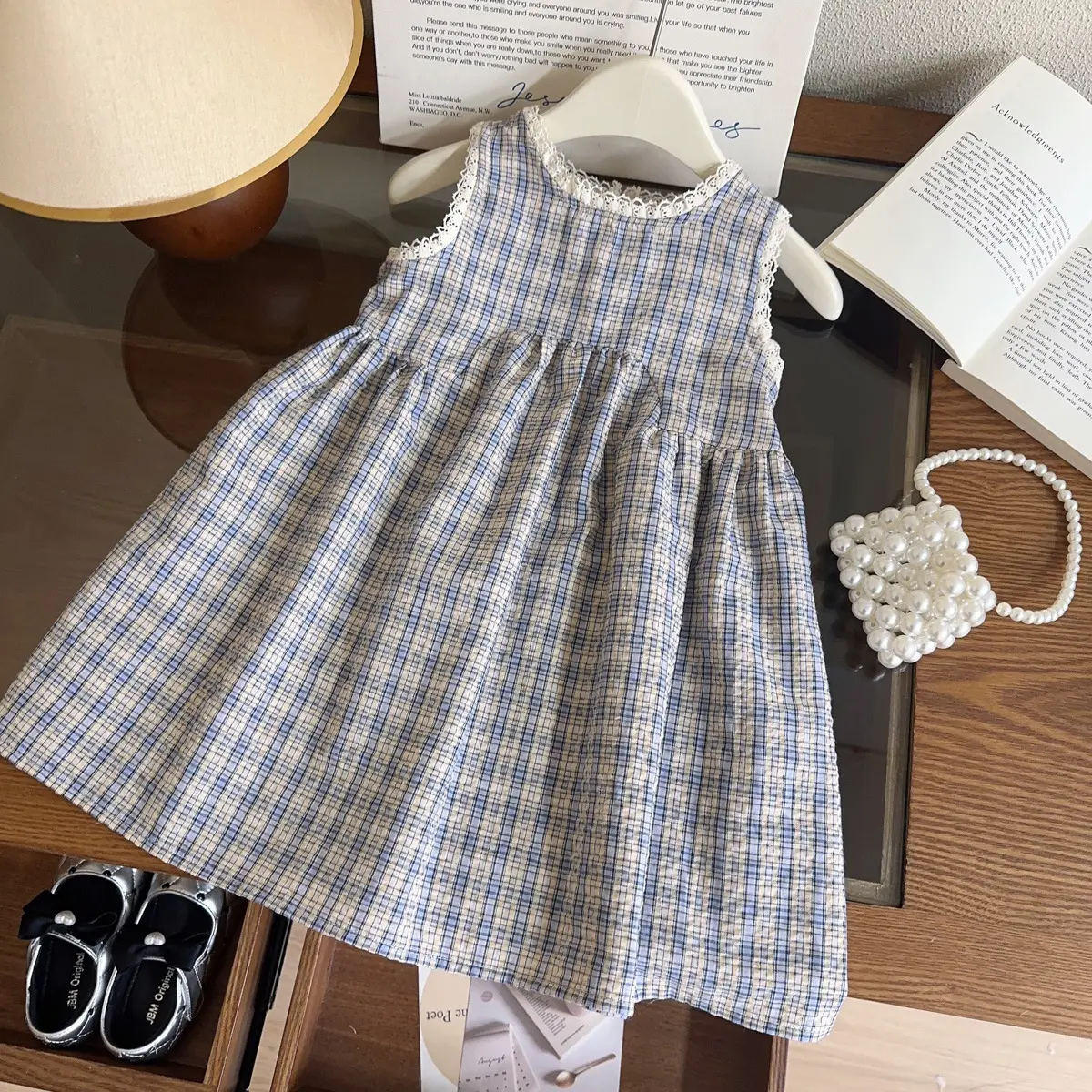 New girls' plaid dress for summer, French retro sleeveless 2025 vest dress for little girls, hat included