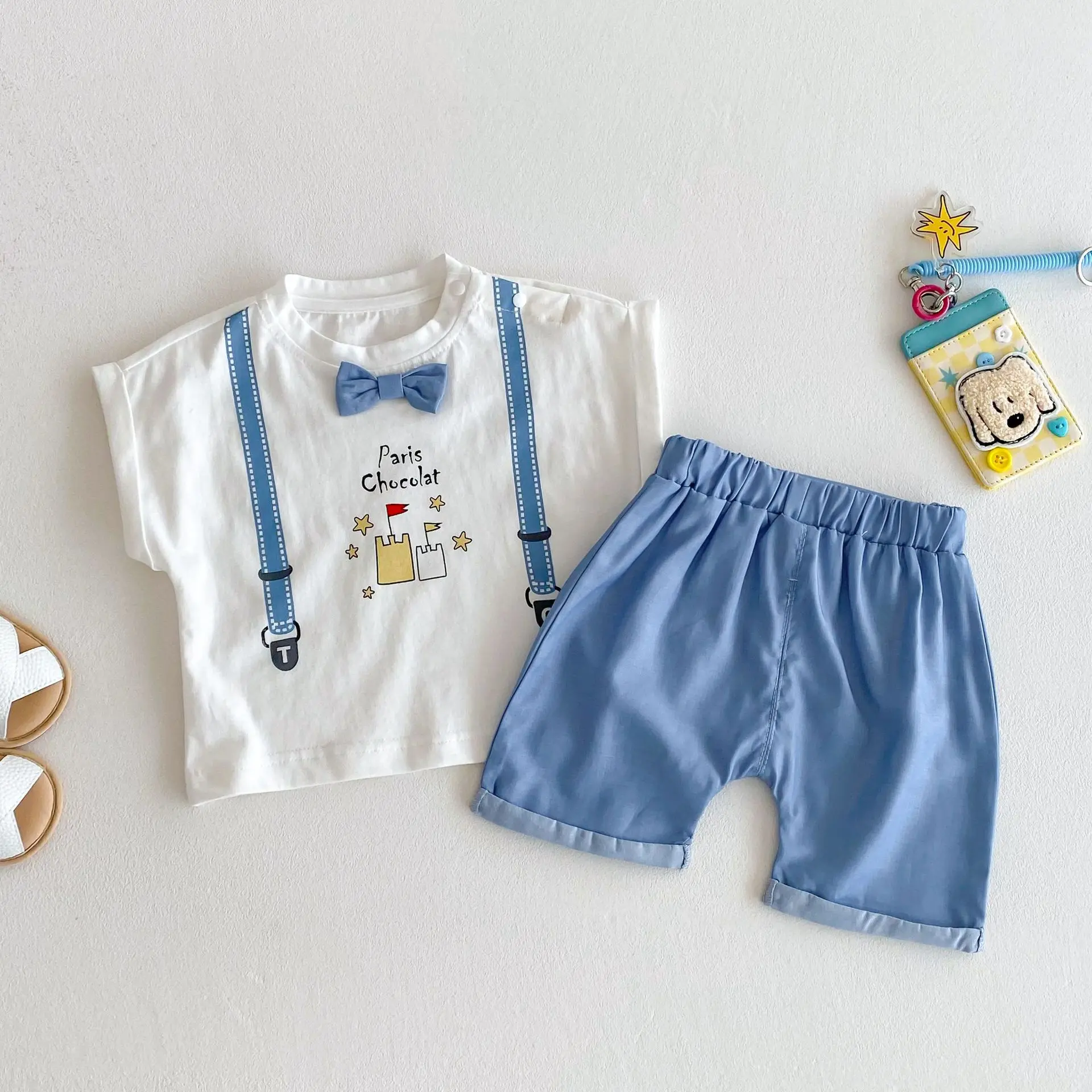 Children's Cartoon 2025 Summer New Men's Full Version Cartoon T-shirt Solid Color Large PP Pants Two Piece Set Trendy