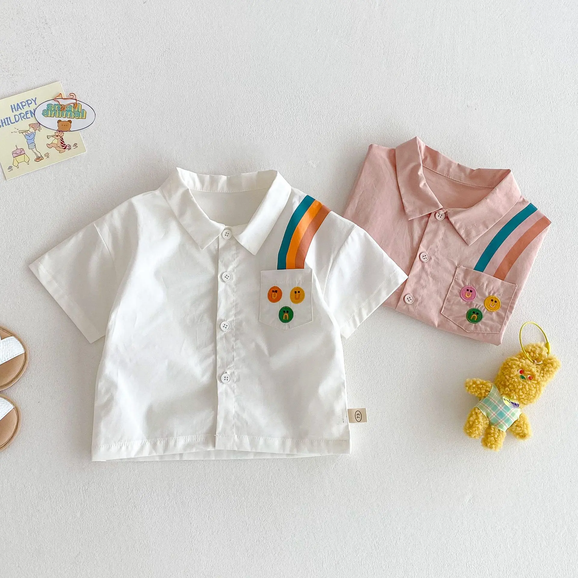Children's Embroidered Shirt 2025 New Summer Boys' Fashion Korean Edition Cartoon Shirt Trendy Baby Rainbow Strip Summer Dress