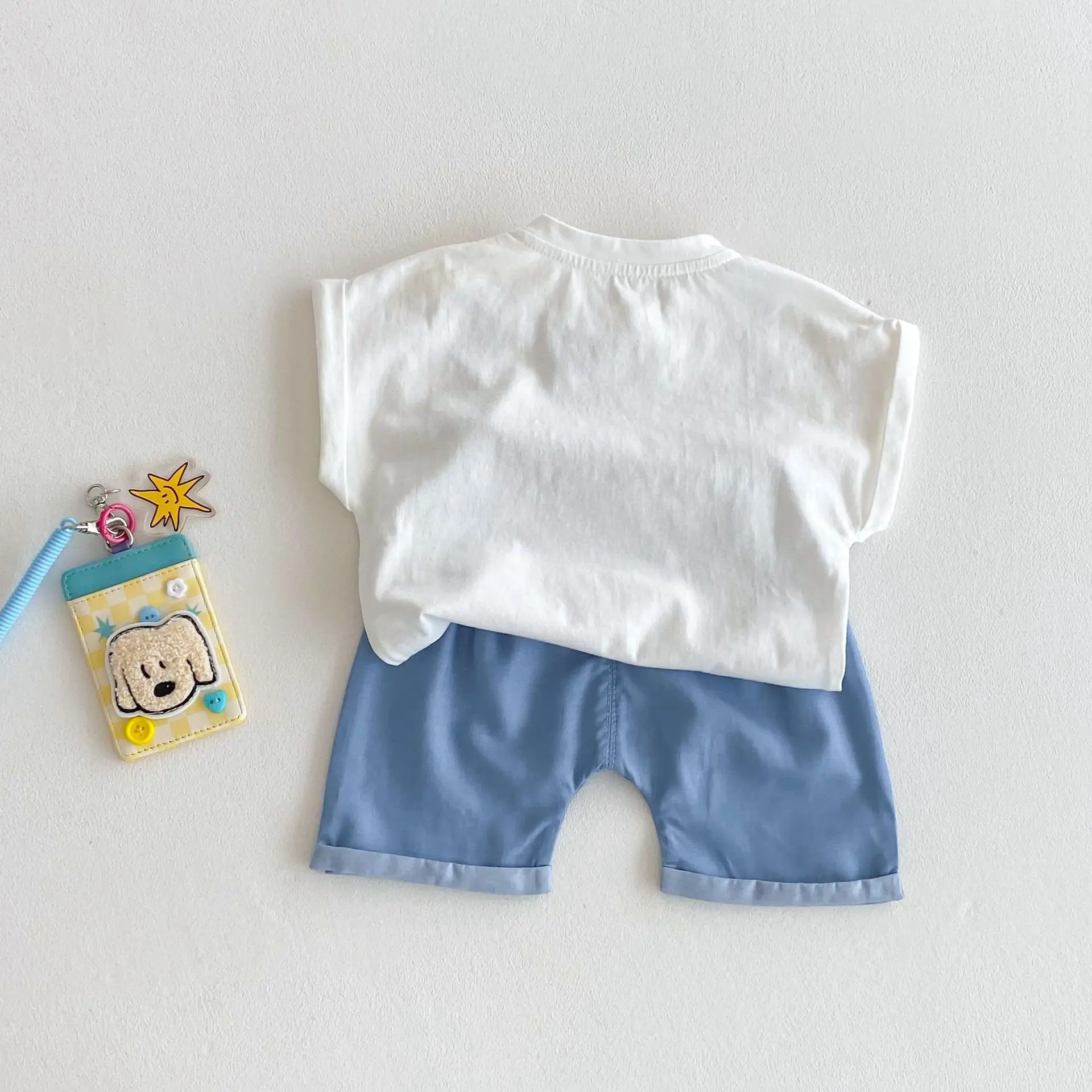 Children's Cartoon 2025 Summer New Men's Full Version Cartoon T-shirt Solid Color Large PP Pants Two Piece Set Trendy