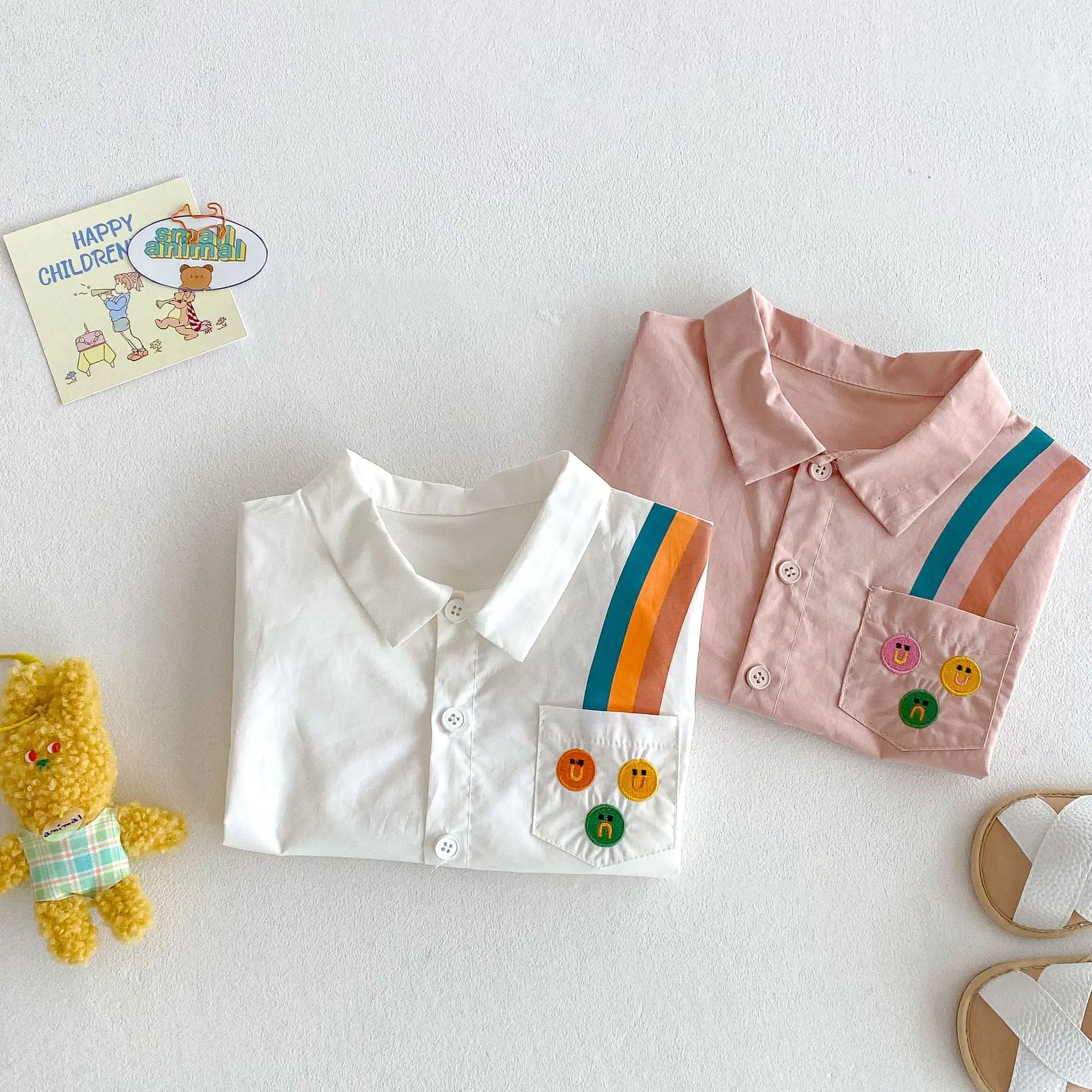 Children's Embroidered Shirt 2025 New Summer Boys' Fashion Korean Edition Cartoon Shirt Trendy Baby Rainbow Strip Summer Dress