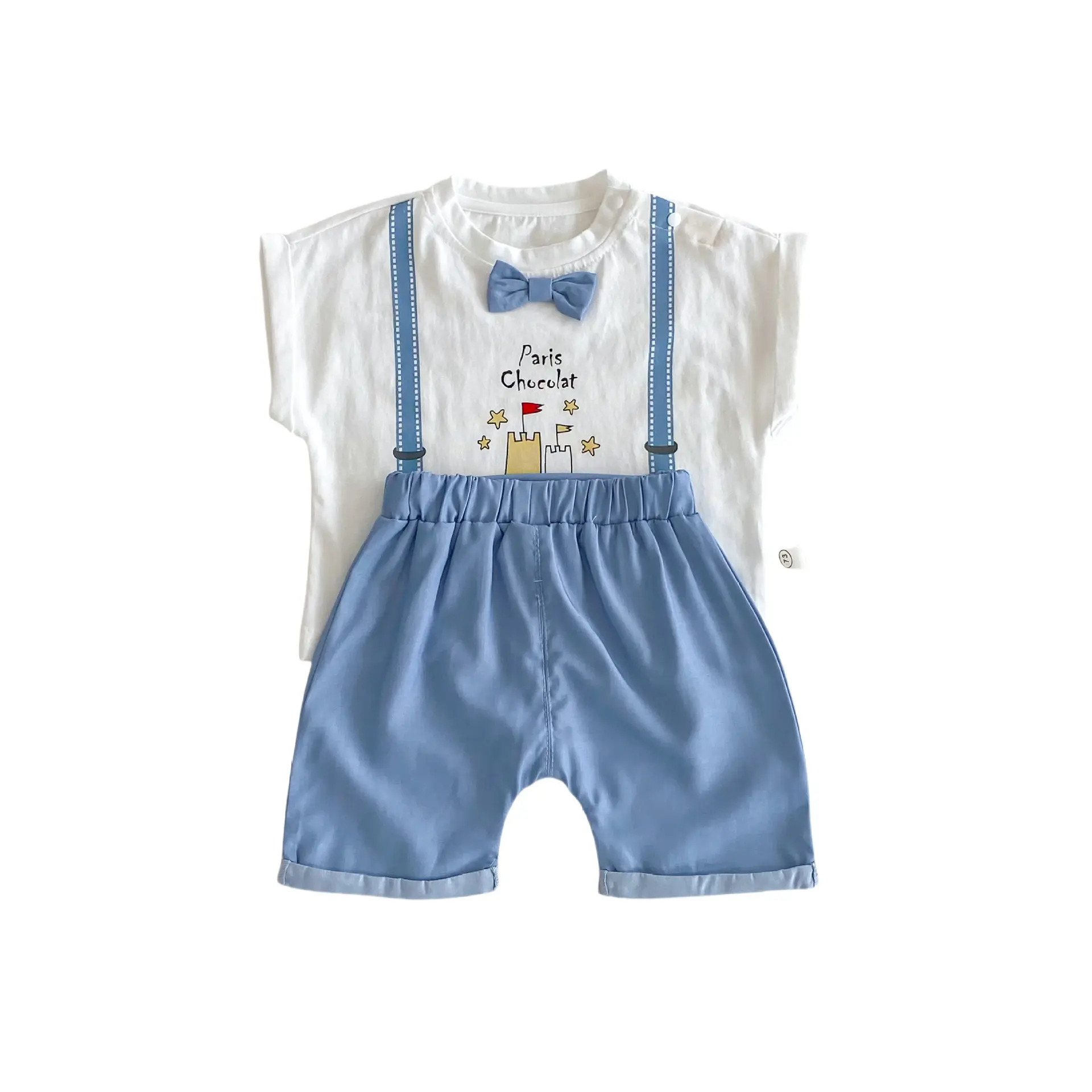 Children's Cartoon 2025 Summer New Men's Full Version Cartoon T-shirt Solid Color Large PP Pants Two Piece Set Trendy