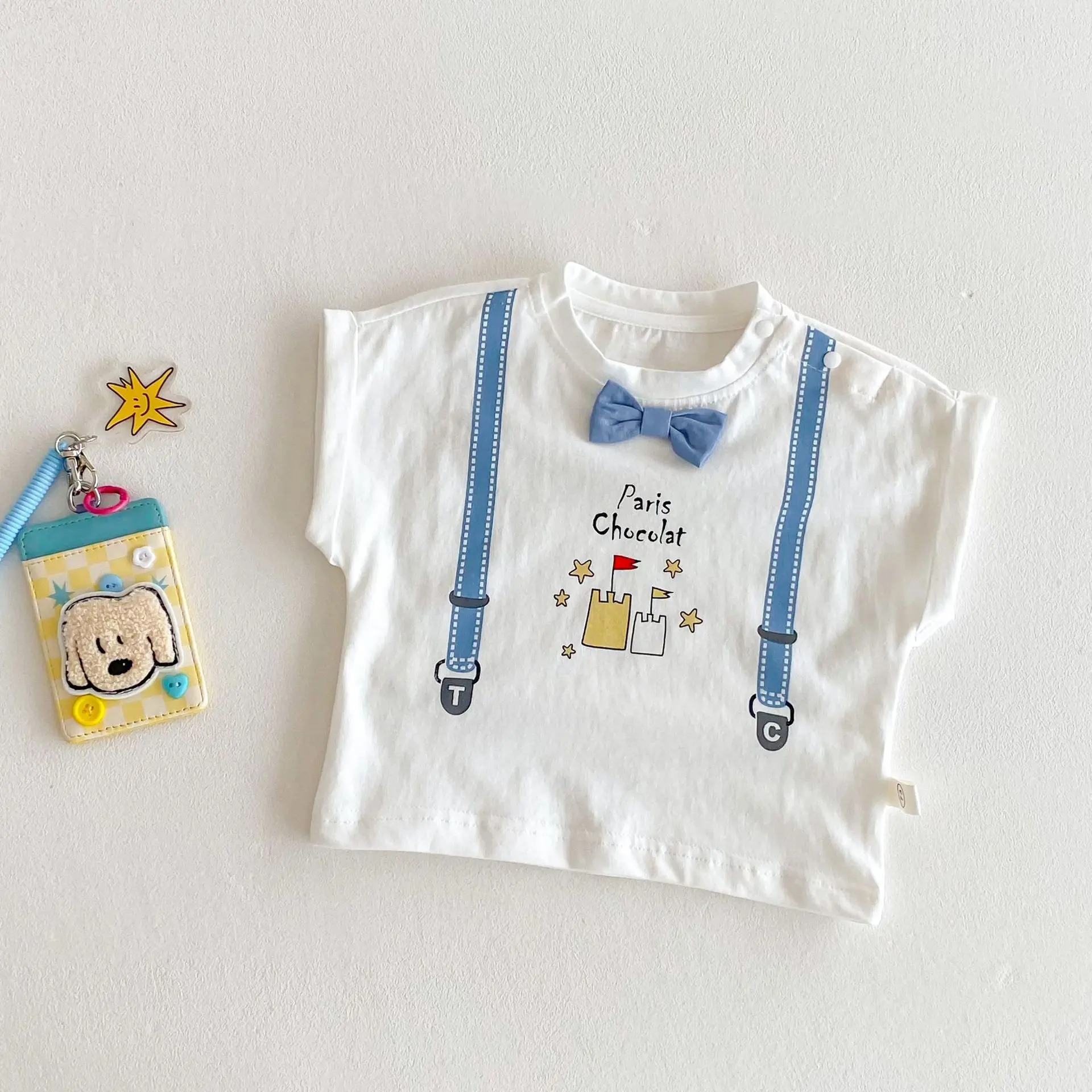 Children's Cartoon 2025 Summer New Men's Full Version Cartoon T-shirt Solid Color Large PP Pants Two Piece Set Trendy