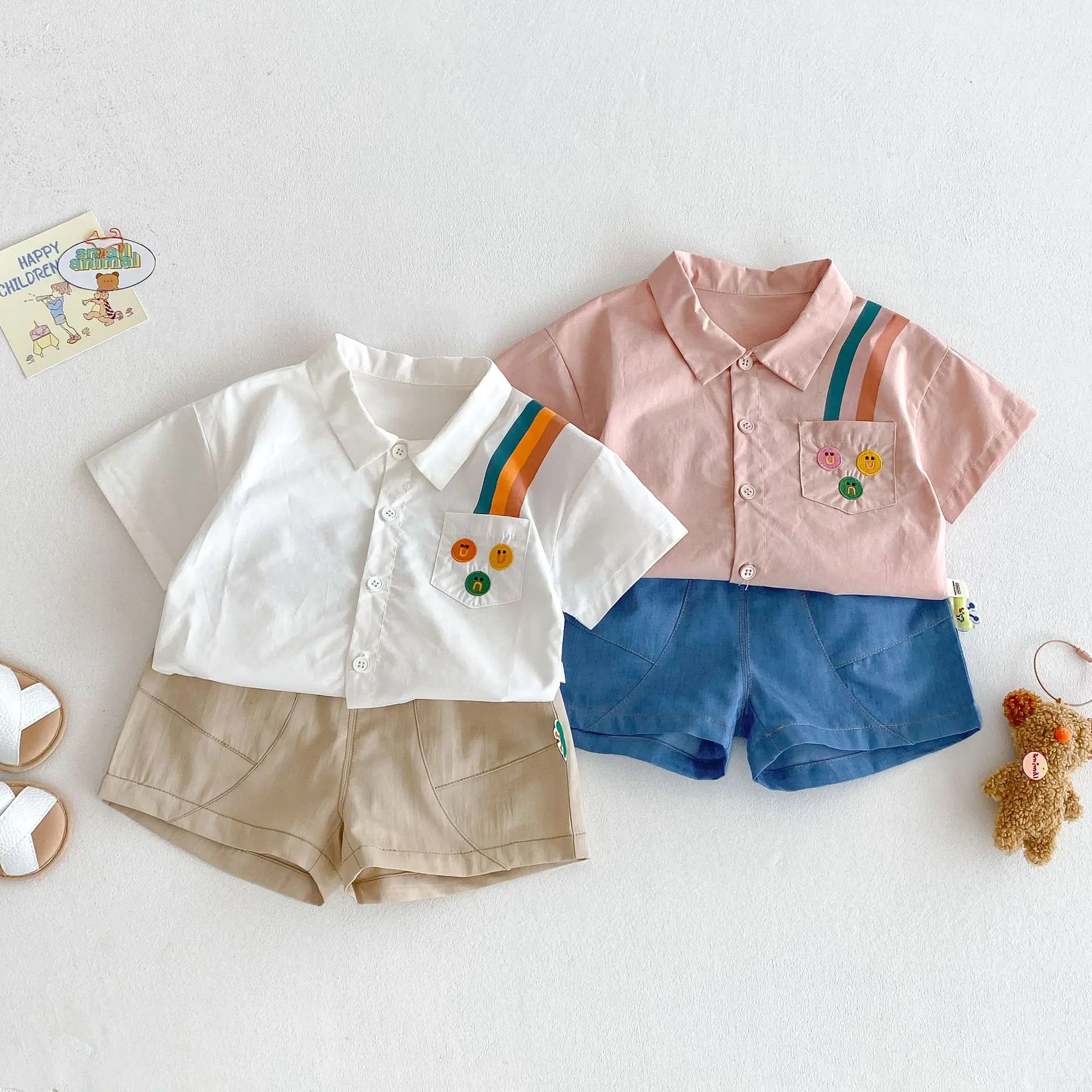 Children's Embroidered Shirt 2025 New Summer Boys' Fashion Korean Edition Cartoon Shirt Trendy Baby Rainbow Strip Summer Dress