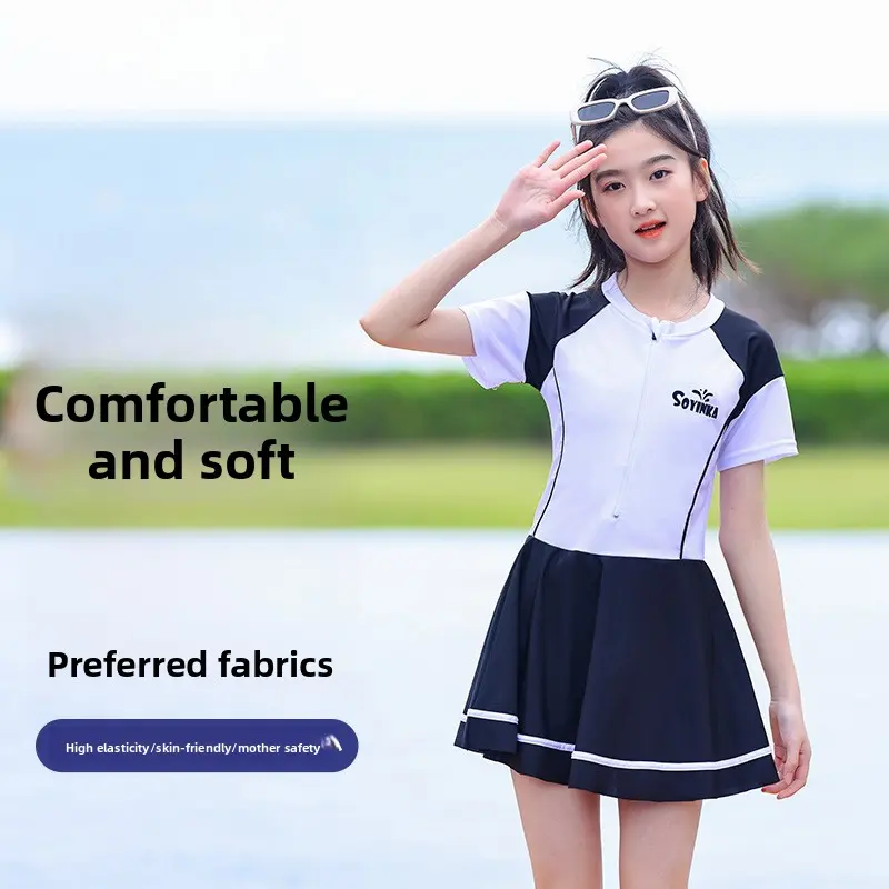 New Girls' Swimsuit, Navy Sports Style, Fashionable and Cute One-piece Swimsuit, Mid Size Children's Swimsuit