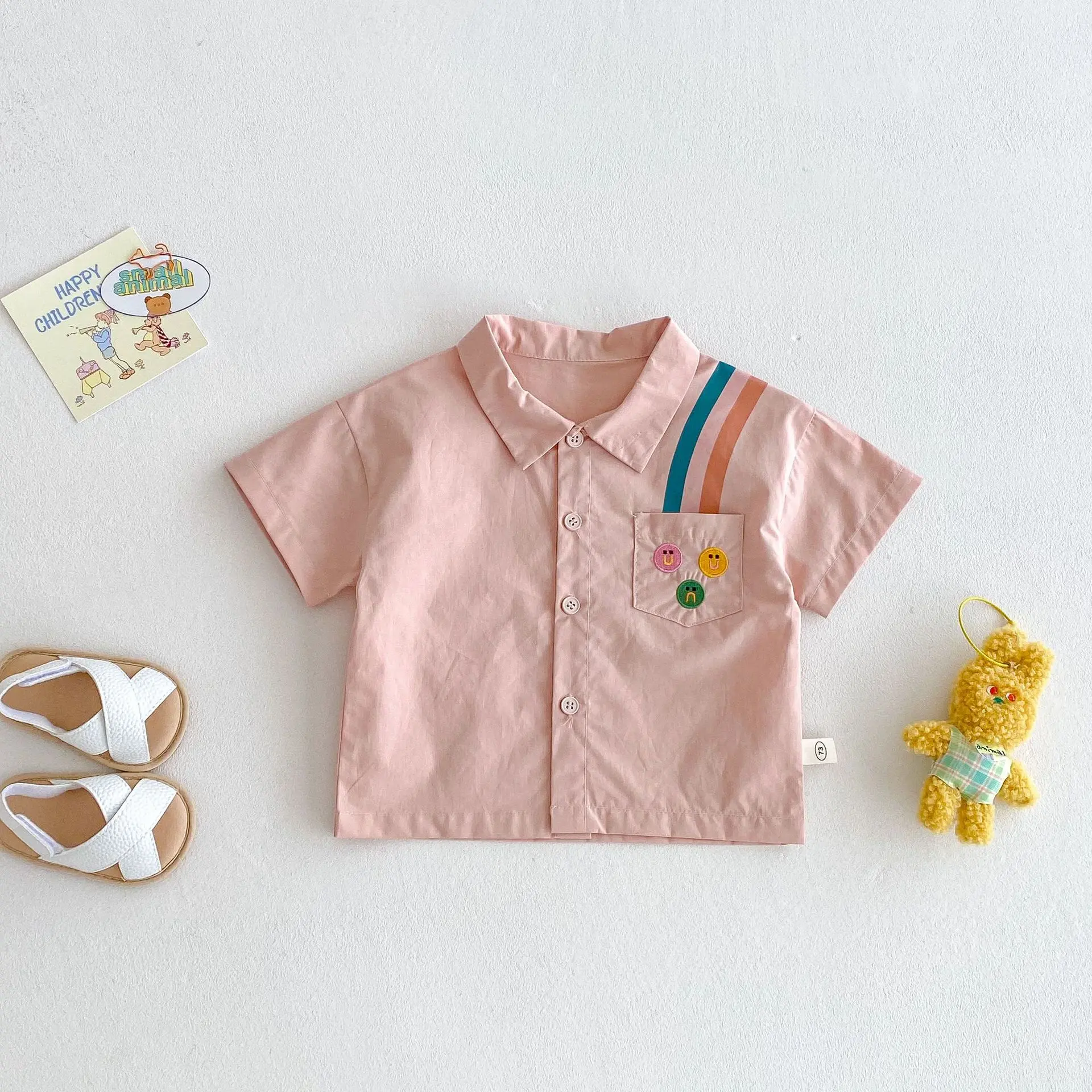 Children's Embroidered Shirt 2025 New Summer Boys' Fashion Korean Edition Cartoon Shirt Trendy Baby Rainbow Strip Summer Dress