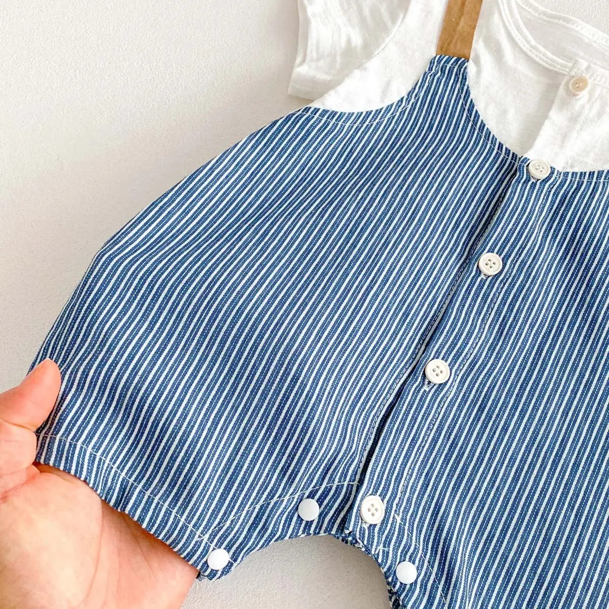 Baby Jumpsuit Summer Short Sleeved Thin Men's Baby Clothes Striped Straps Fake Two Pieces Outdoor Climbing Clothes Romper